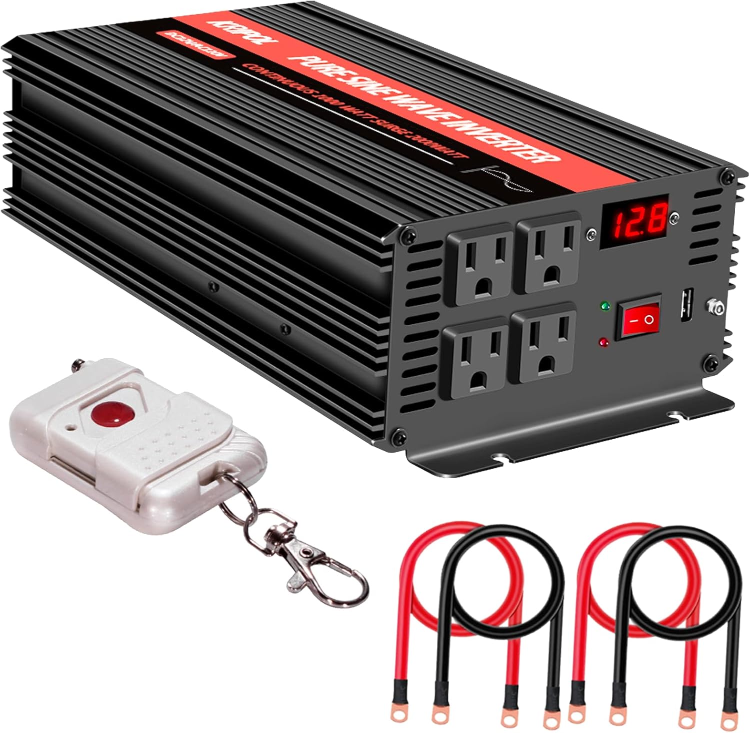 2000 Watt Pure Sine Wave Inverter 24V DC to 110v/120v AC 60HZ, Car Power Inverter with 4 AC Outlets&1 USB Output 50M Wireless Remote Control for Truck/RV/CPAP-Peak 4000 Watt (2000W-24V)