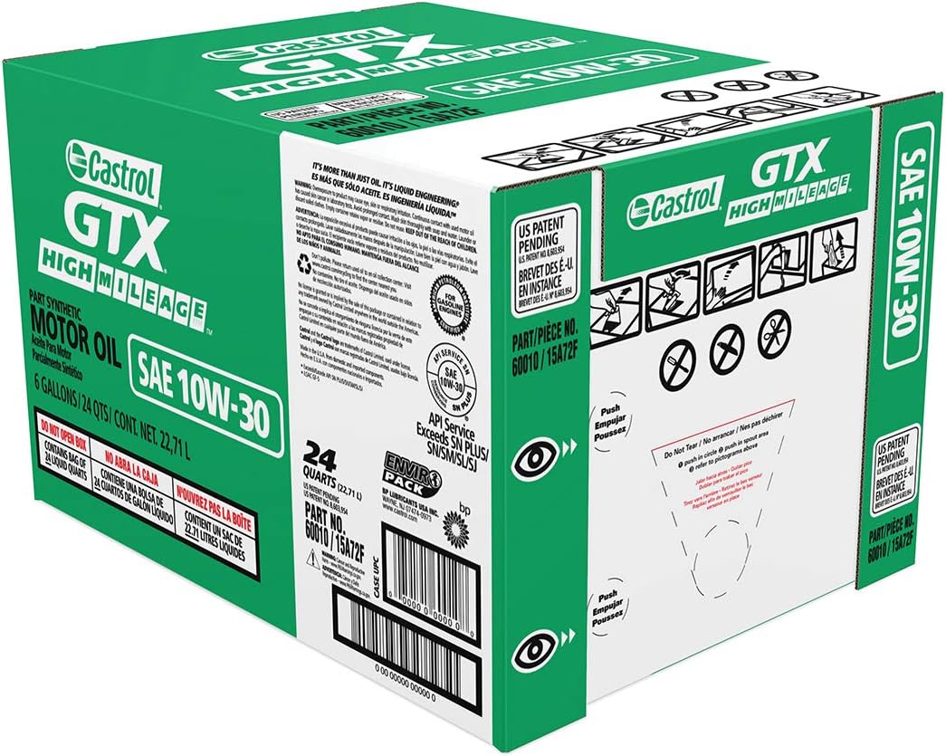 Castrol - 15A72F 60010 GTX High Mileage 10W-30 Synthetic Blend Motor Oil, 6 Gallon Enviro-Pack