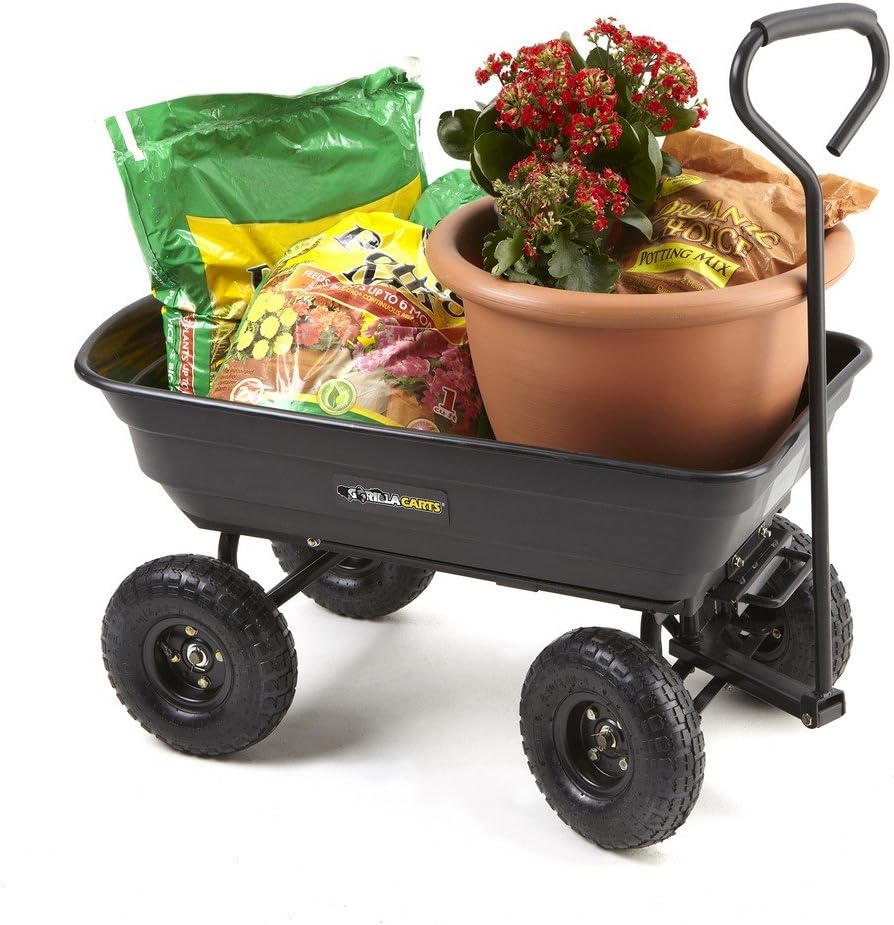 Gorilla Carts GOR200B Poly Garden Dump Cart with Steel Frame and 10-Inch Pneumatic Tires, 600-Pound Capacity, 36-Inch by 20-Inch Bed, Black Finish