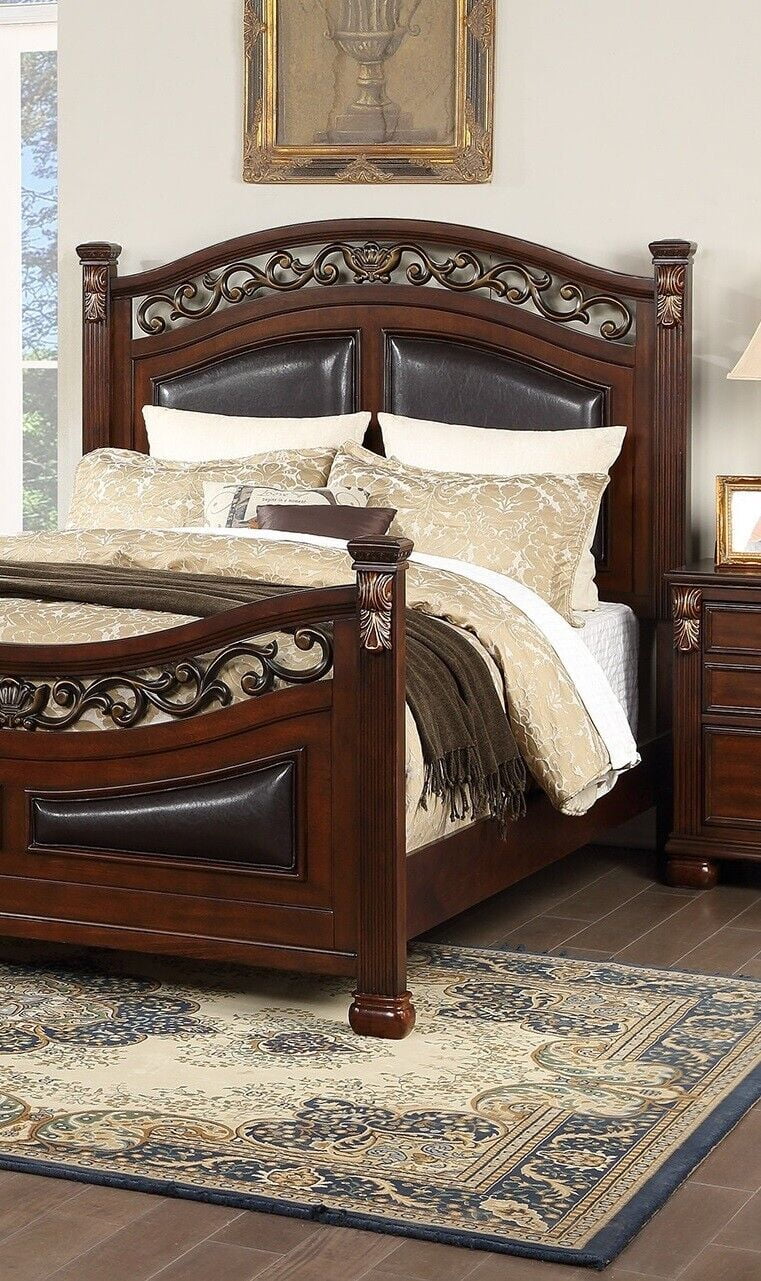 Royal Gorgeous Traditional Est King Size Bed Dresser Mirror Chest Wooden Brown Finish 4p Set Bedroom Furniture