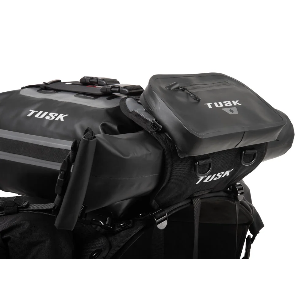 Tusk Highland X2 Rackless Luggage System w/Small Dry Duffel Tail Bag Standard Heat Shield For Suzuki DR350SE 1994-1999