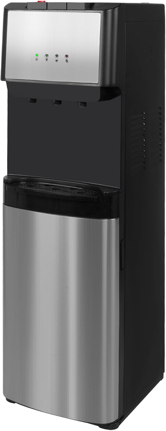 Bottom Loading Water Cooler Dispenser, 5 Gallon Bottles - Hot, Cold & Room Water Dispenser with 3-Temperature, Child Safety Lock, Removable Drip Tray, Black & Stainless