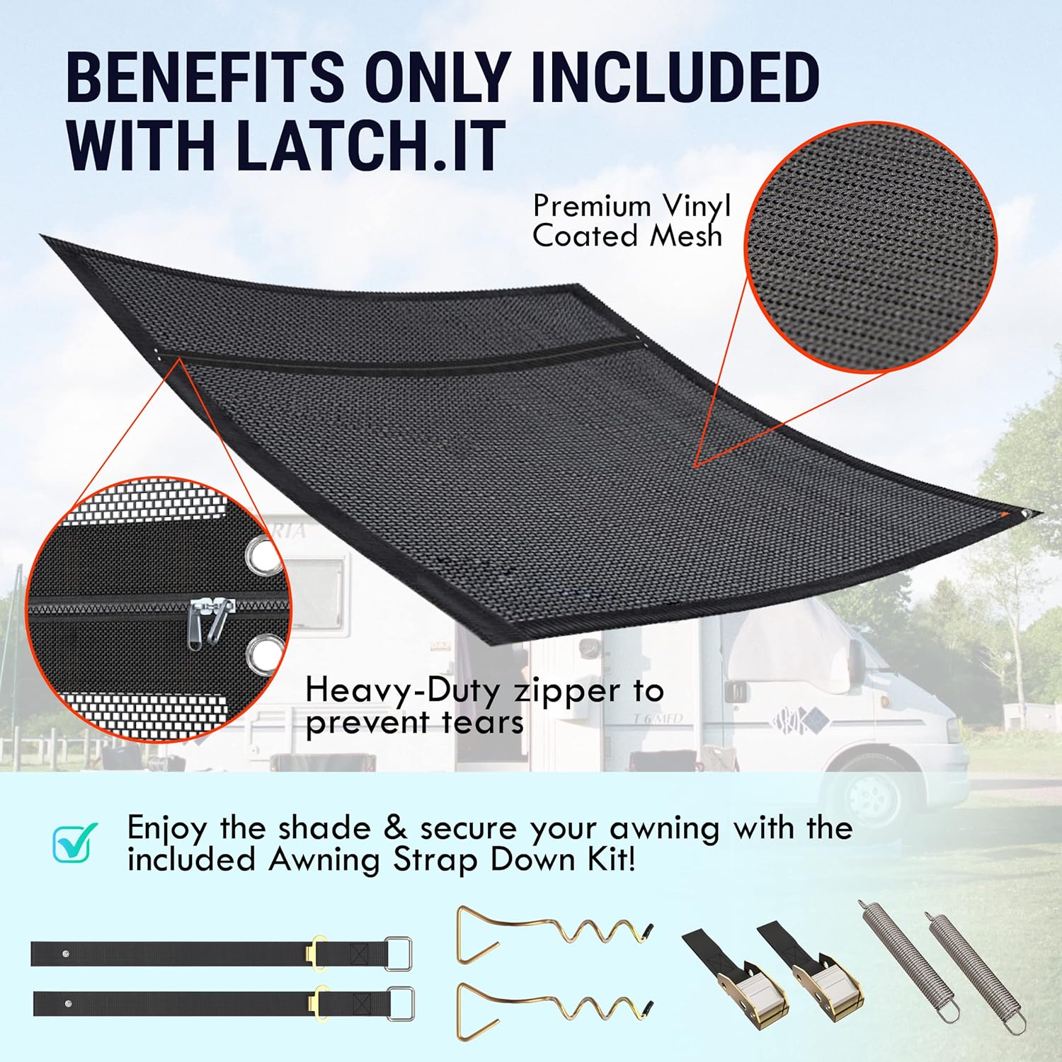LATCH.IT RV Awning Shade Screen 7x9鈥?| Side RV Awning Screen | Mesh Awning Shade for Camper | UV-Resistant RV Awning Sunshade | Provides Wind Protection, Shade, and Privacy