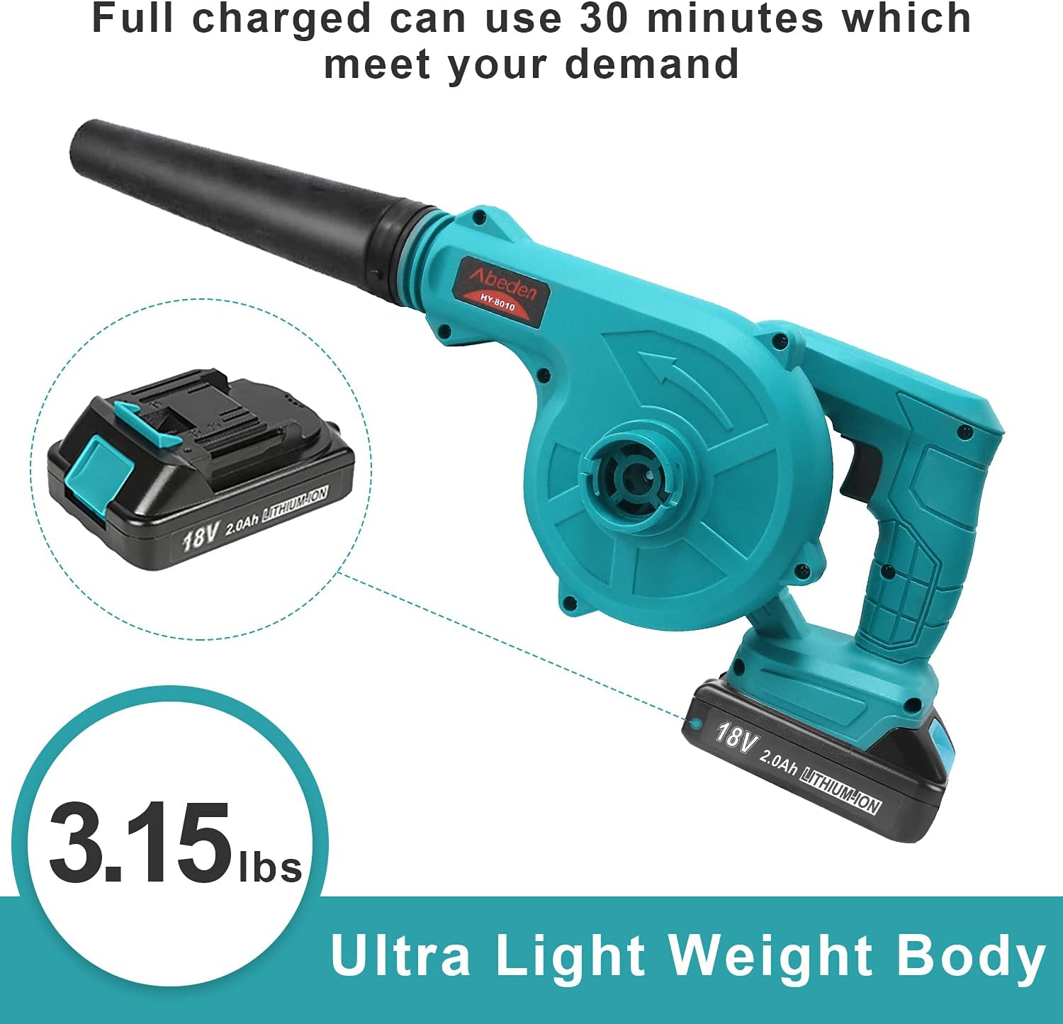 Abeden Cordless Leaf Blower,2-in-1 Electric Handheld Sweeper/Vacuum with 2 Pack 18V 2.0 Ah Lithium Battery for Blowing Leaf,Cleaning Dust & Small Trash,Car,Computer Host,Hard to Clean Corner