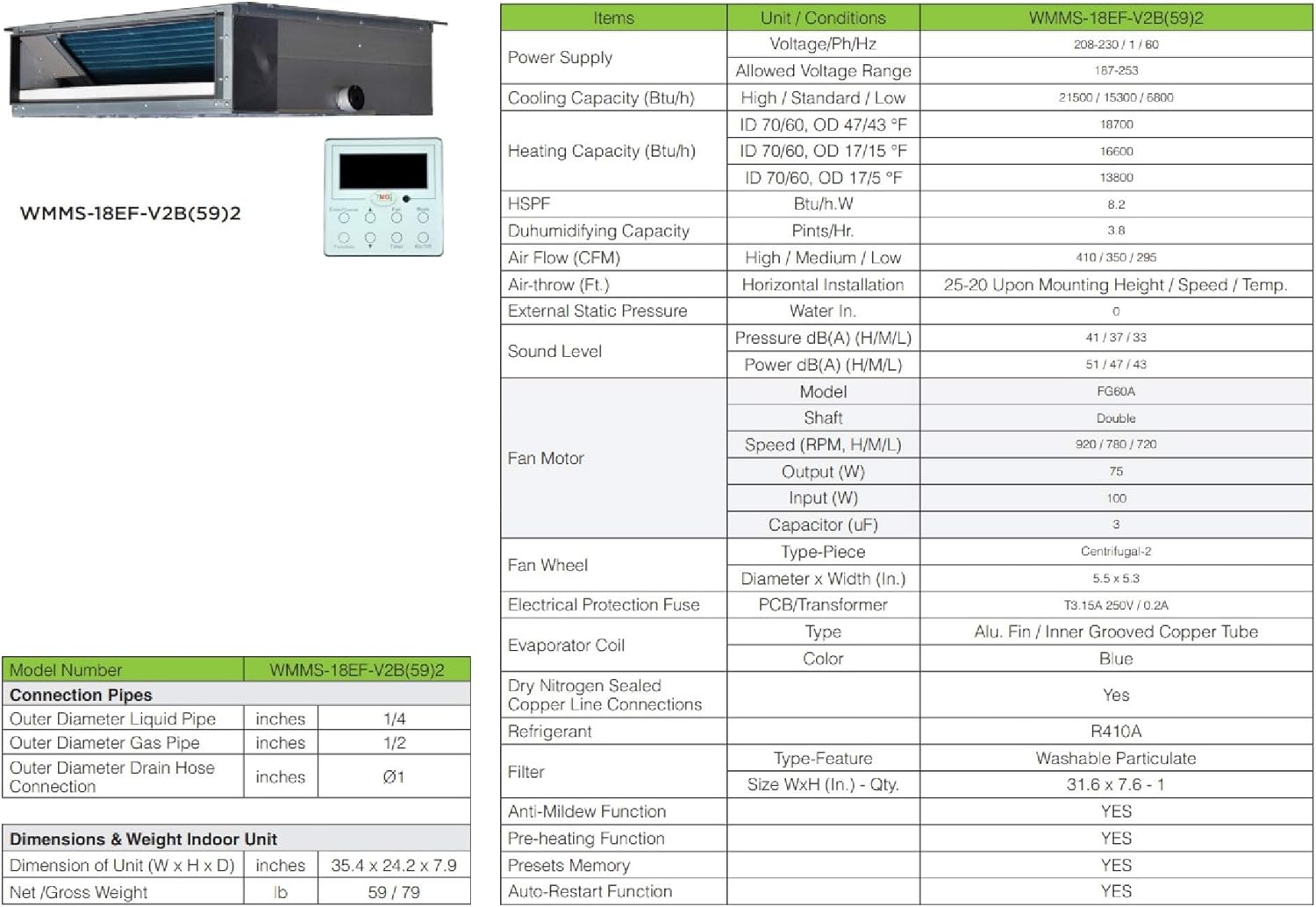 Concealed Duct Mini Split Air Conditioner Heat Pump Three Zone 3 Zone 54000 BTU 4.5 Tons with Low Profile Fan Coils Indoor Unit Include Total 75 Ft Line Set 220V