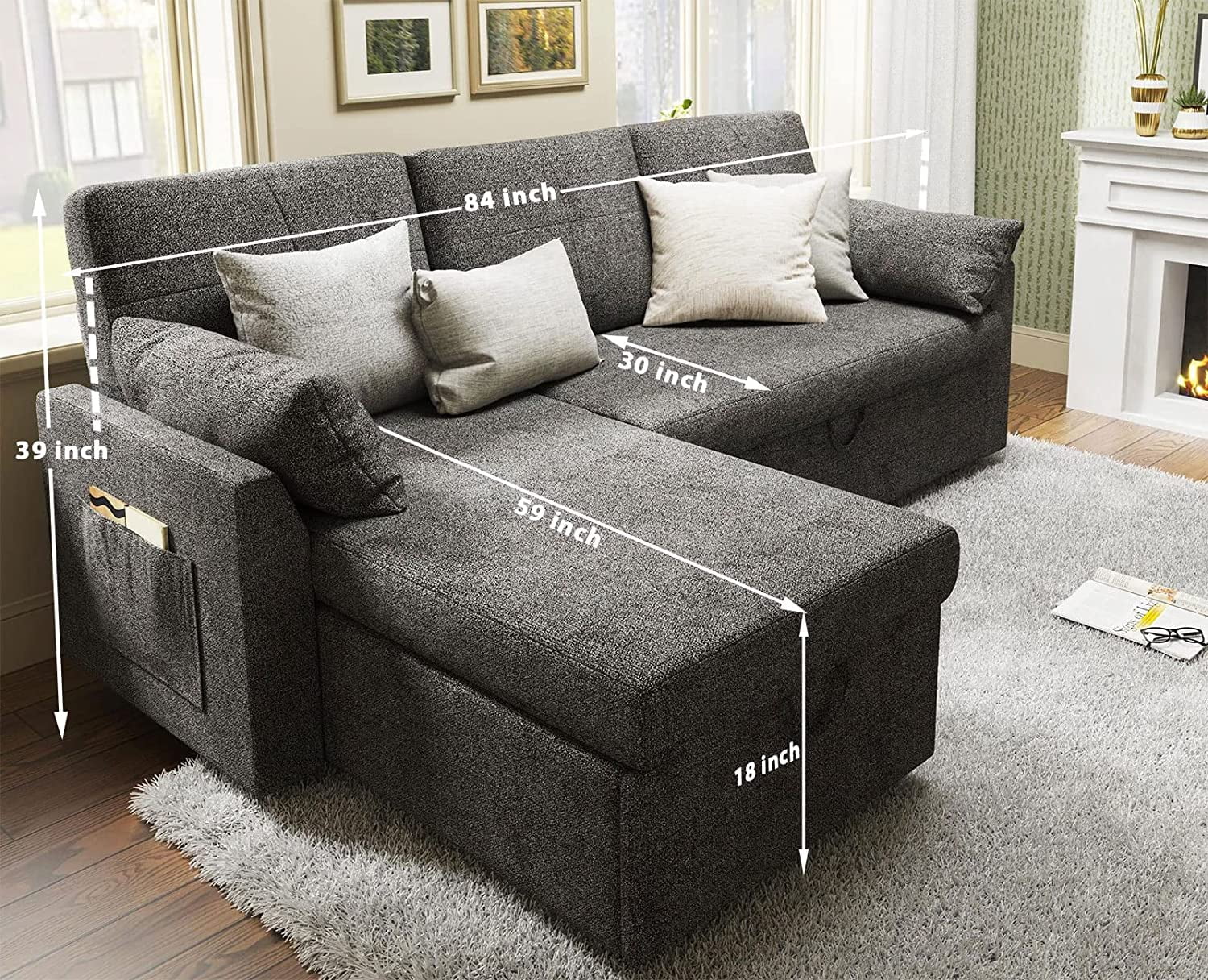 Papajet Sofa Bed, Sleeper Sofa with Storage Chaise, Pull Out Couch for Living Room- Gray Chenille