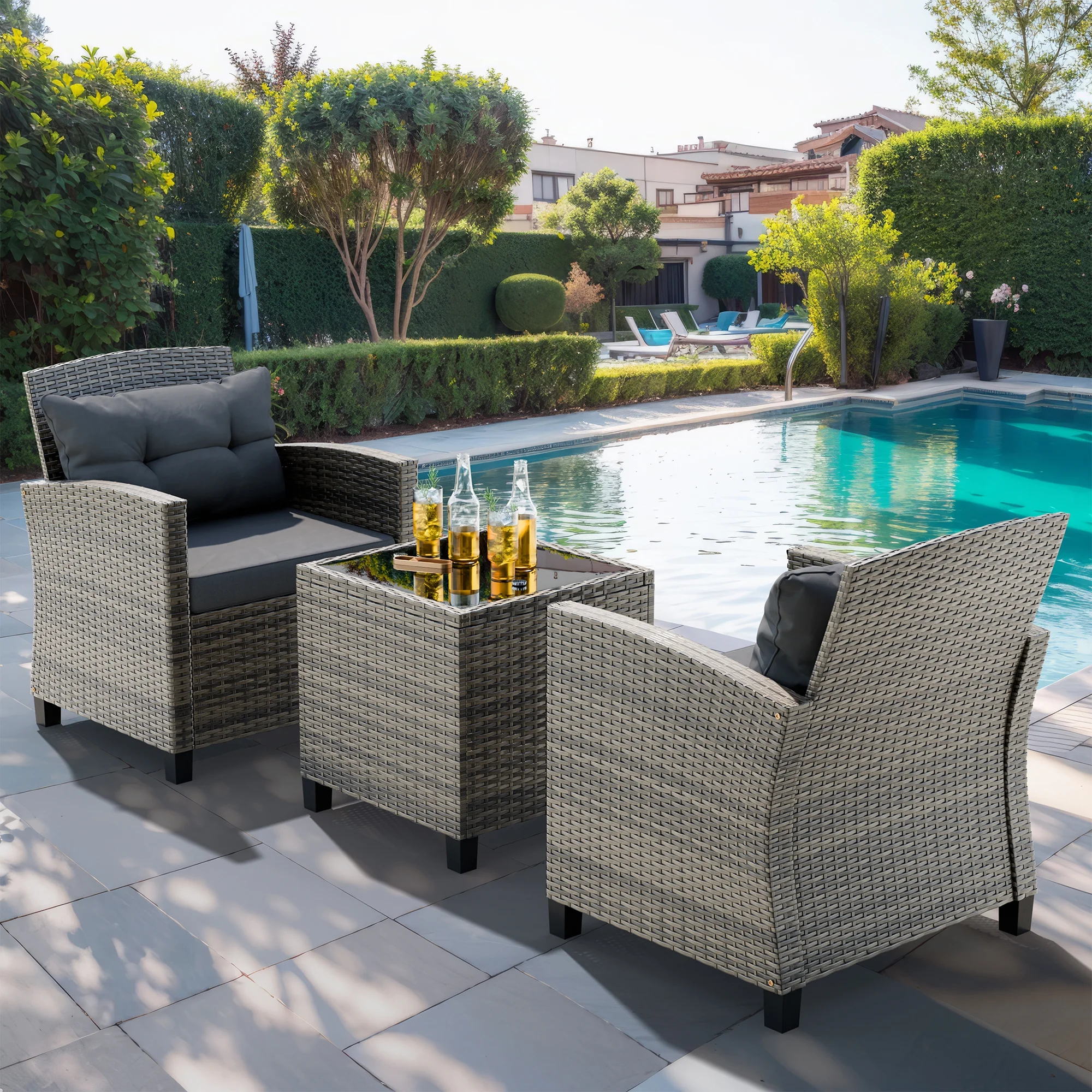 Walsunny 3 Pieces Patio Furniture Set Outdoor Wicker Conversation Bistro Set Outdoor Patio Chairs with Tempered Glass Table Beige