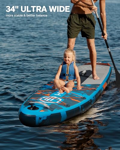 11'6''×34"×6" Extra Wide Inflatable Paddle Board, Stand Up Paddle Board, Sup Board with 3 Removable Fins, 10L Waterproof Bag, 16 D-Rings, Backpack, Hand Pump, Floating Paddle, Safety Leash