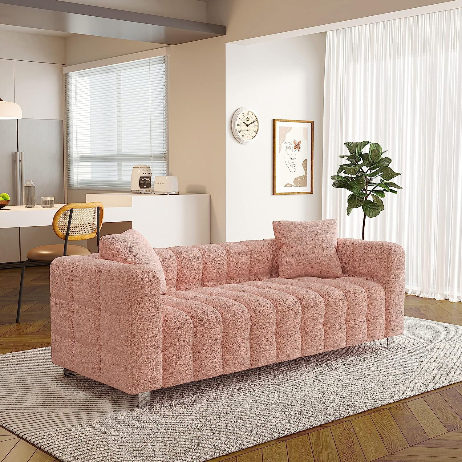 SZLIZCCC 80" Pink Teddy Velvet Sofa, Upholstered Tufted 3 Seater Couch with Two Pillows, Modern Sofa Bubble Couch Loveseat Sofa for Living Room Bedroom