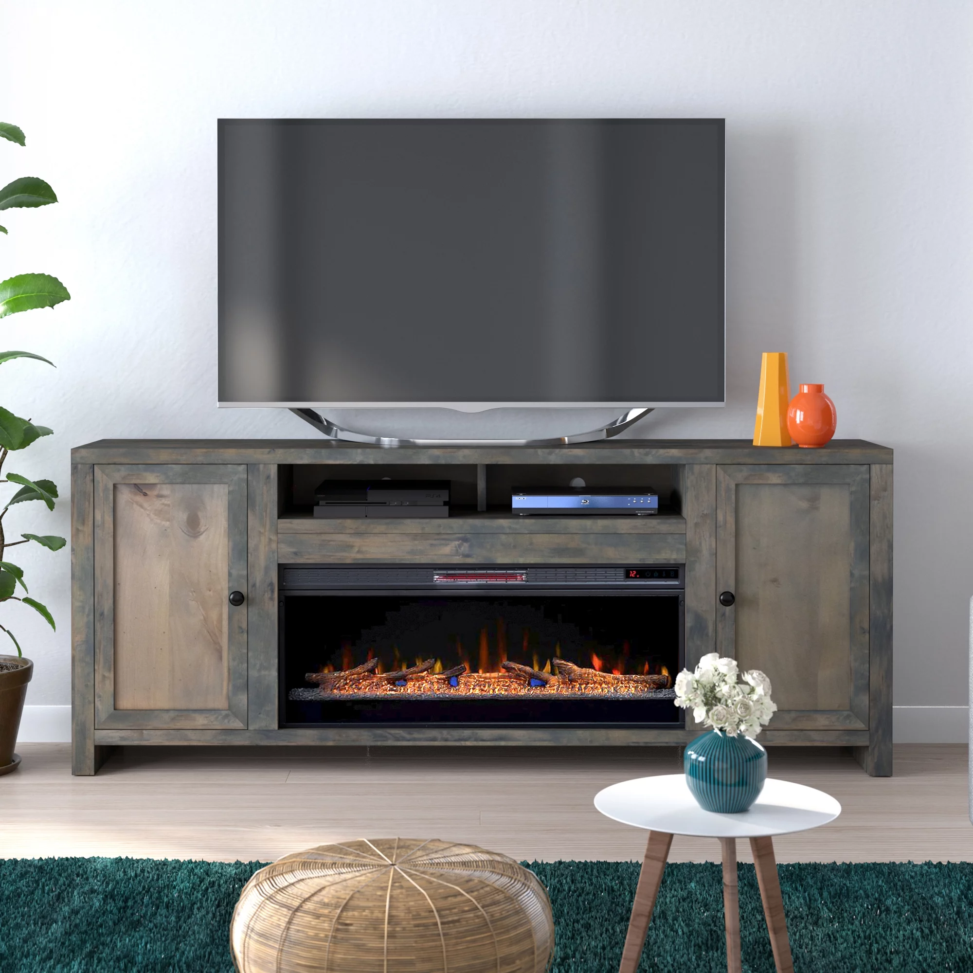 BVH 85 inch Fireplace TV Stand for 75 inch Tv's , Rustic, No Assembly Required, Solid Wood and Veneers, Barnwood
