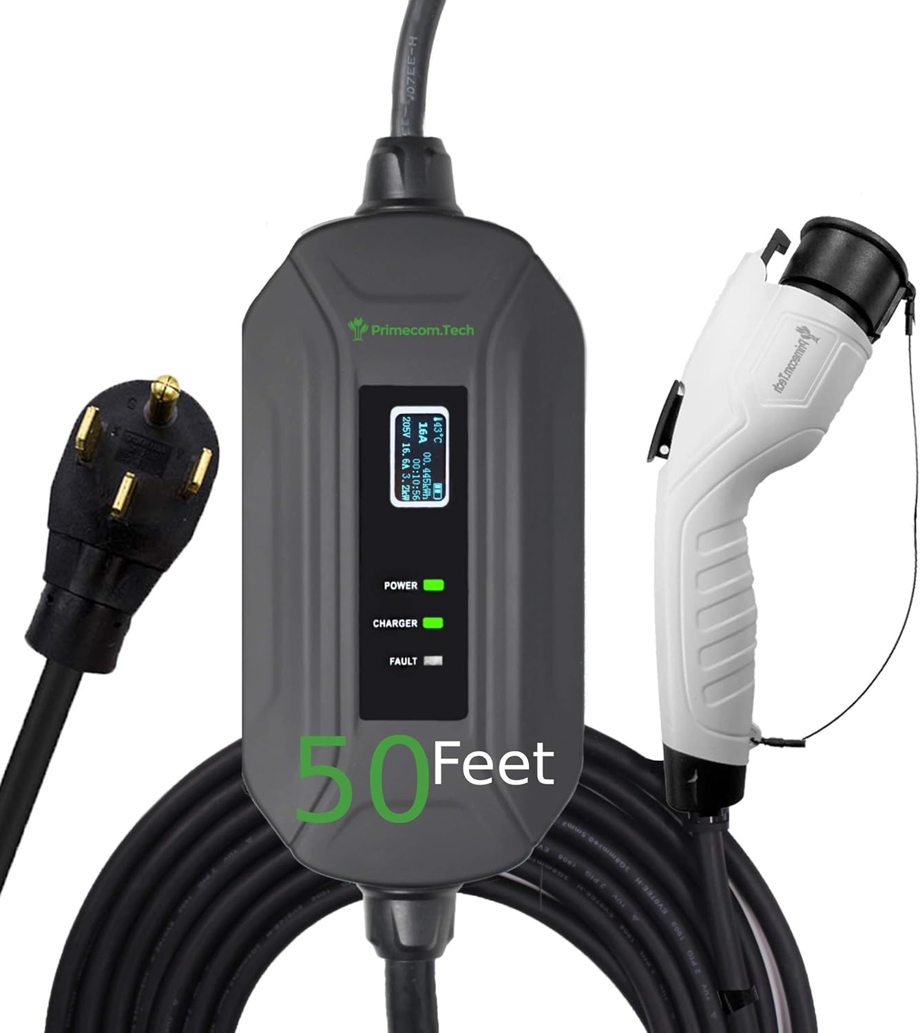 PRIMECOM Level 2 Electric Vehicle (EV) Charger (220V / 240Volt, 16Amp) Portable EVSE Smart Electric Car Charger, 30', 40', and 50 Feet Lengths (European, 35 Feet)