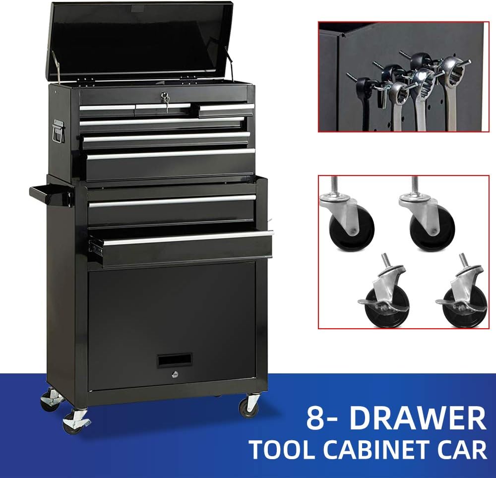 8-Drawer Tool Chest Rolling Tool Box with Wheels, Large Detachable Tool Box with Drawers and Lock, Metal Tool Cart Storage Cabinet for Garage and Warehouse (Black)