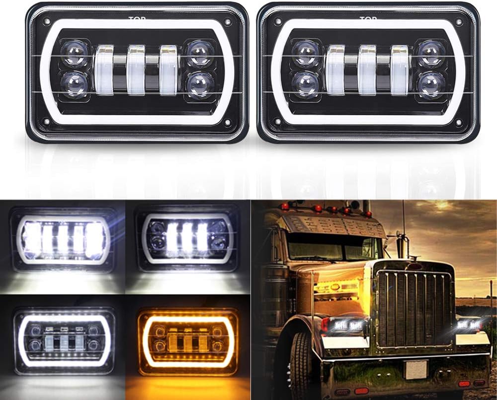 ROCCS PAIR 4x6 led Headlights with White/Amber Halo Sealed Beam For Trucks Chevro FD Freightliner Peterbil Kenworth Pick-up 4"x6" Replacement H4651 H4652 H4656 H4668 H6545 Pack of 2