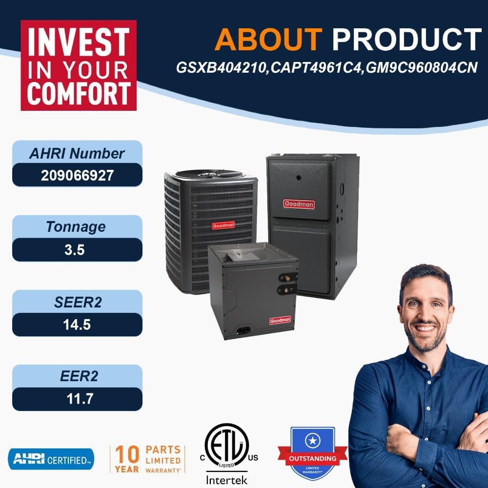 Goodman 3.5 Ton 14.5 SEER2 Single Stage Air Conditioner GSXB404210 and 80,000 BTU 96% AFUE Multi-Speed Gas Furnace GM9C960804CN Upflow System with CAPT4961C4
