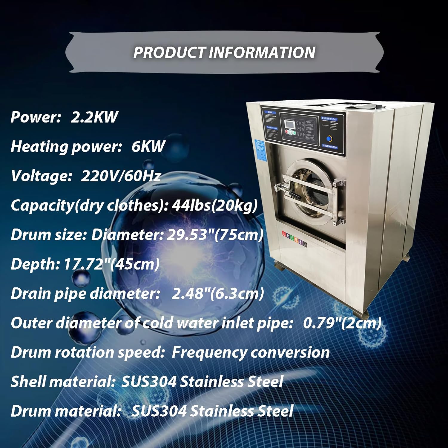 Automatic Washing Spinning Drying Combo Machine All-in-one Laundry Washer Dryer Extractor Machine WASH+SPIN+DRY 44LBS Capacity Washer Extractor Dehydrator 2.2KW 220V 3PH 60HZ
