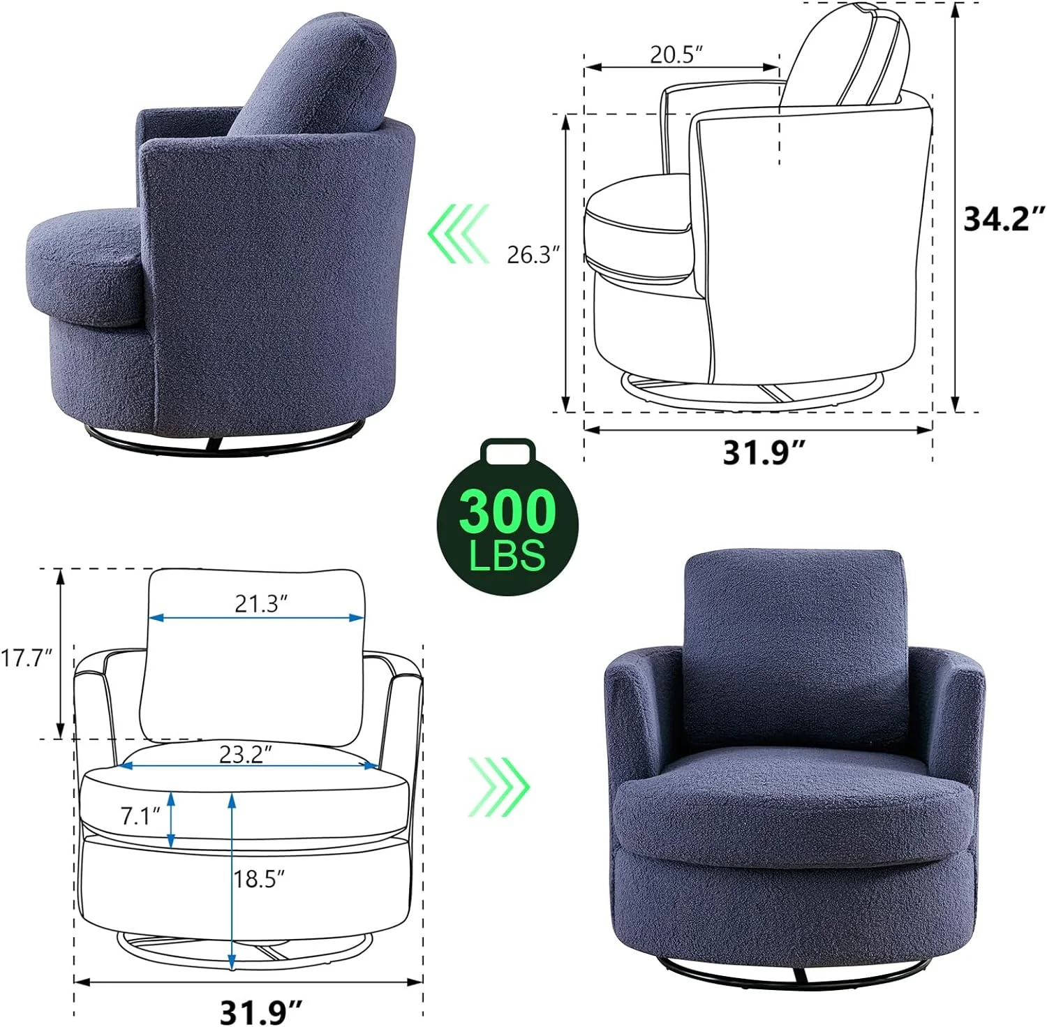 Swivel Barrel Chair Set of 2,31.9" W Modern Round Accent Arm Chairs Upholstered Comfy 360 Degree Swivel Single Circle Club Sofa Chair for Nursery Living Room Bedroom, Light Gray - Curated Treasures Market
