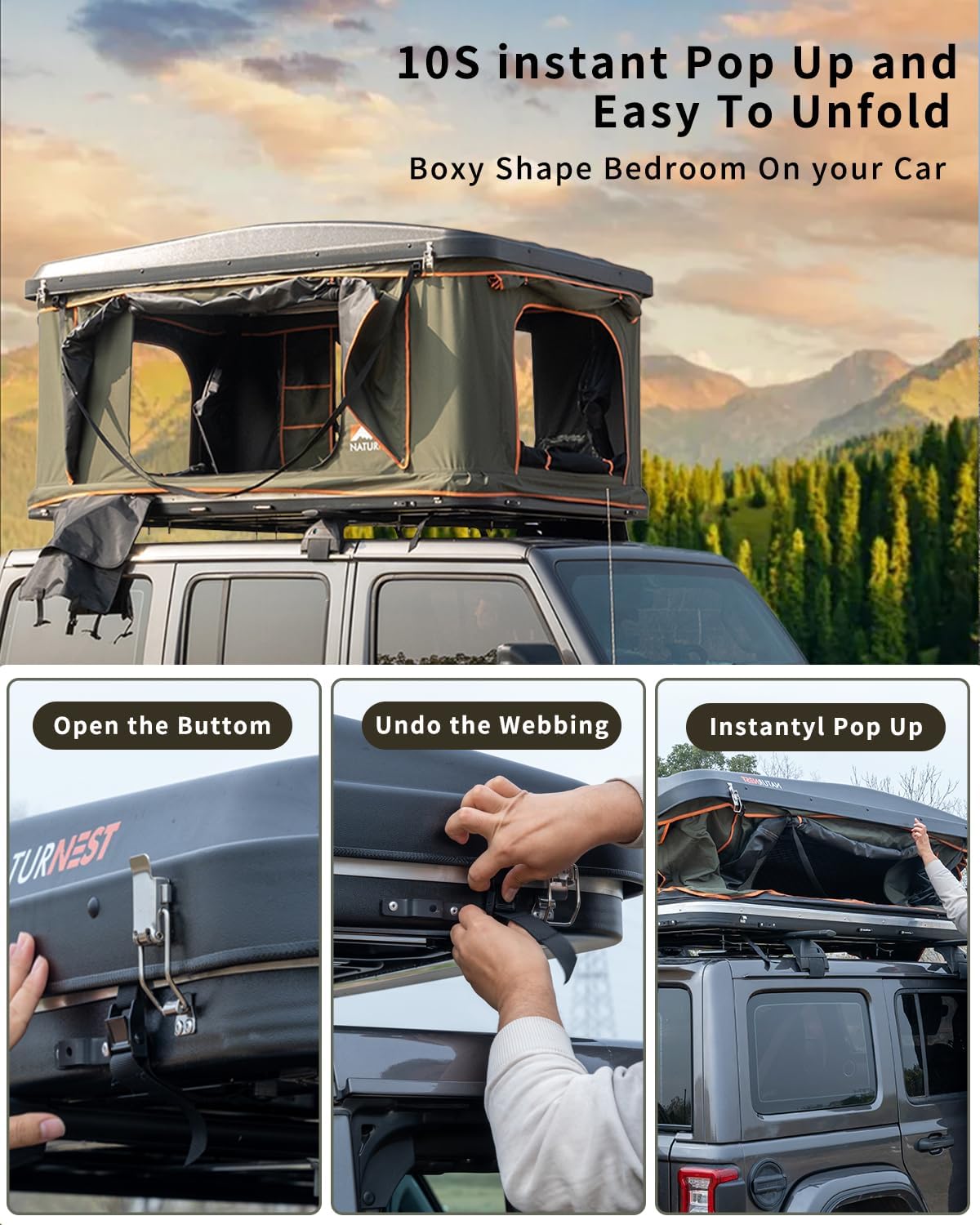 Naturnest Rooftop Tent Hard Shell, Naturnest Orion Roof Top Tent, Boxy Camping Tent, Pop Up Tents with USB Port and AC Vent for Van,Pickup Truck,RV,SUV Tent