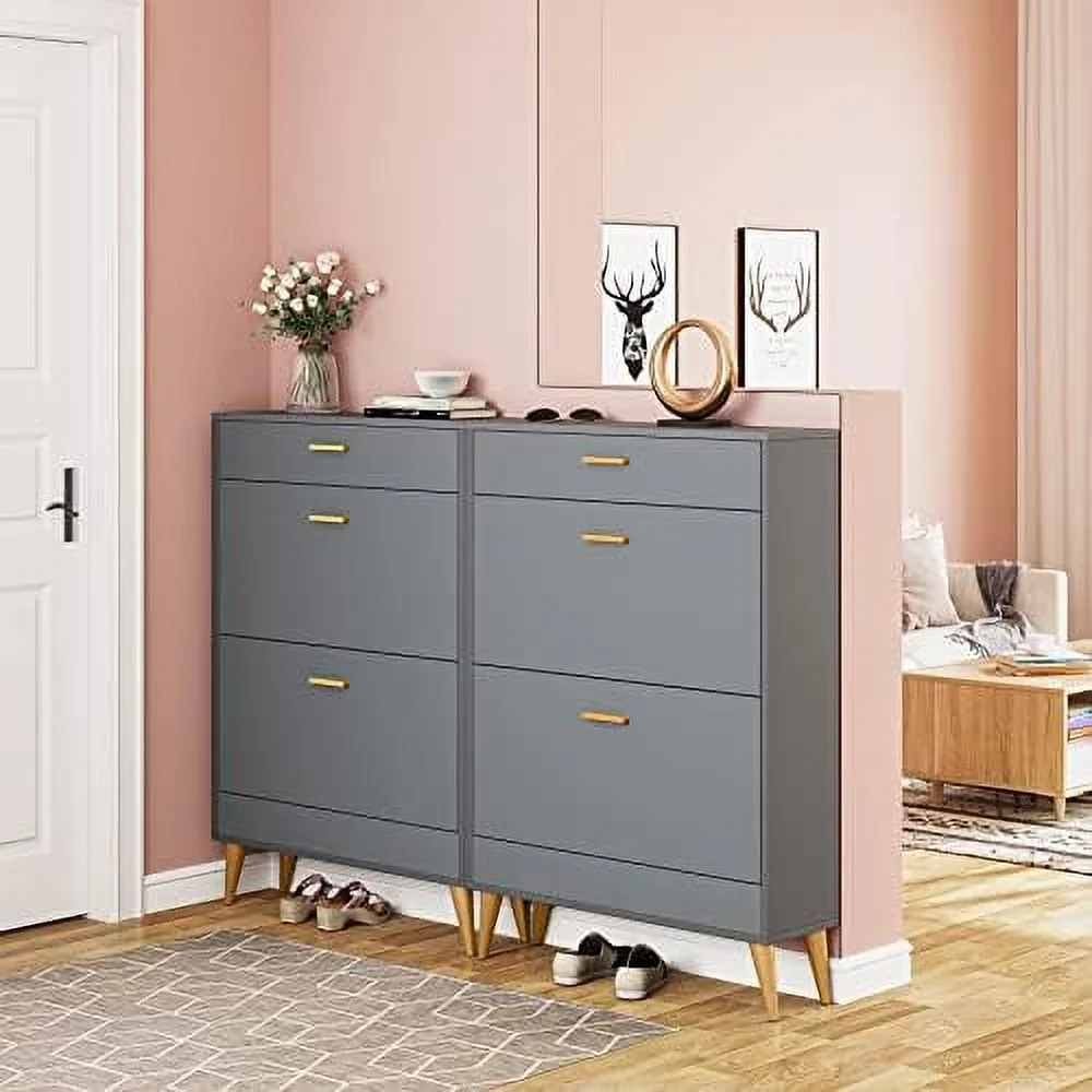 Shoe Cabinet  White Shoe  Cabinet with 2 Flip Doors and Drawer   Narrow Shoe Organizer Rack for Entryway  Closet (White)