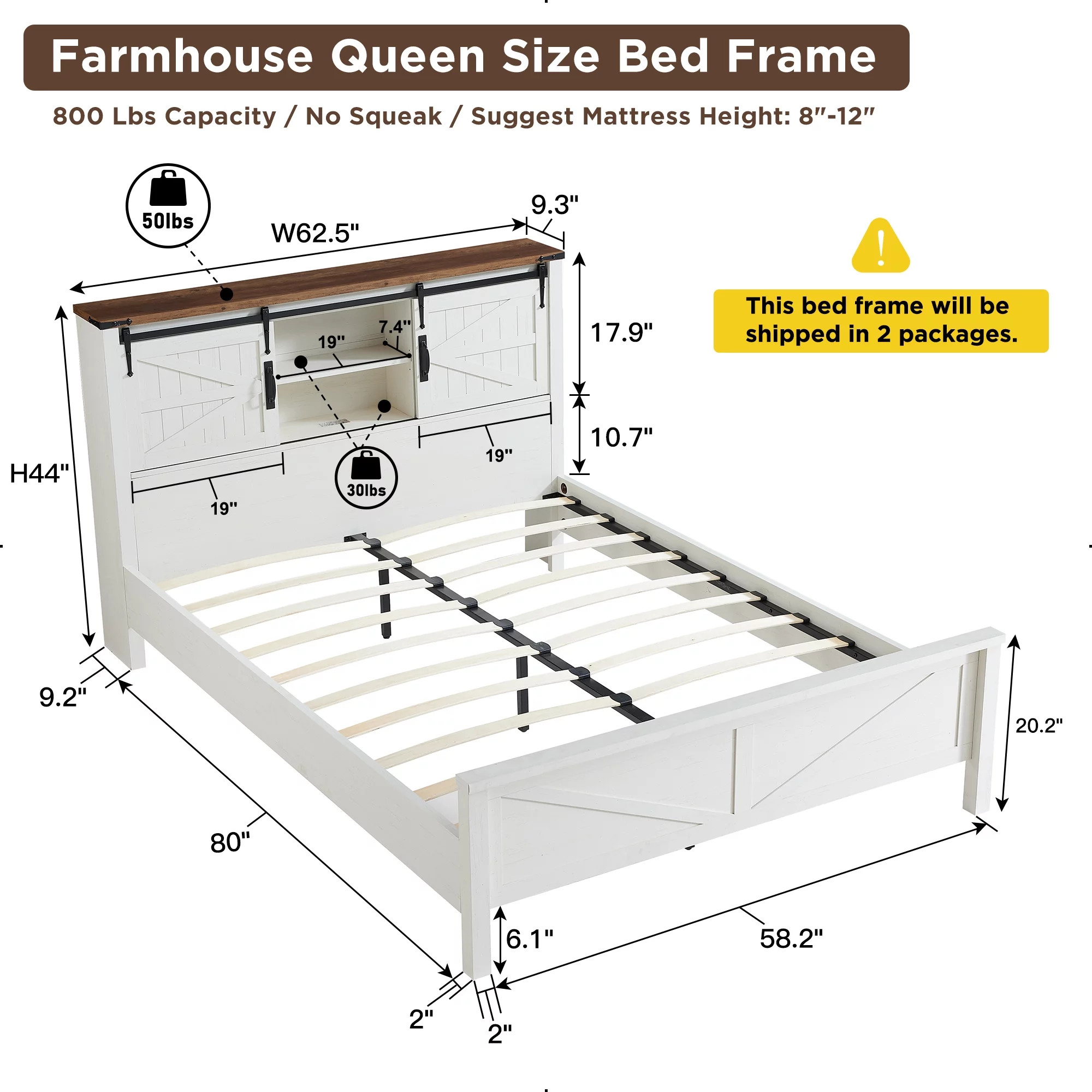 OKD Modern Farmhouse Full Platform Bed with Bookcase Headboard Storage and Charging Station, No Box Spring Needed, Anitique White Finish