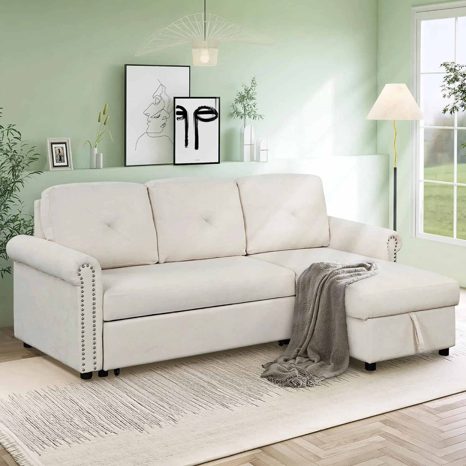Convertible Pull-Out Sleeper Sofa Bed W/Storage Chaise Lounge, L-Shape 3-Seat Linen Corner Sofa Couch With Button Tufted Design And Copper Nailhead Trim (Beige)