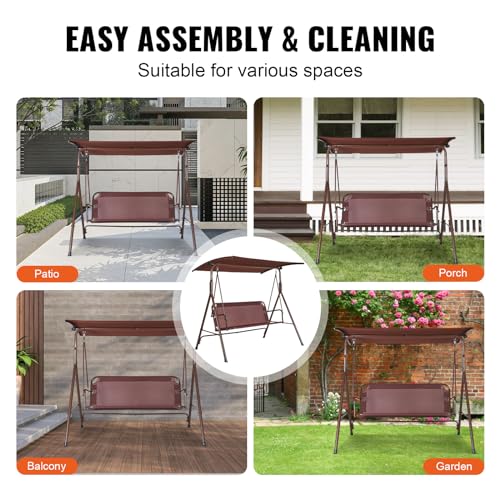 VEVOR 3-Seat Patio Swing Chair, Converting Canopy Swing, Outdoor Patio Porch with Adjustable Canopy, Removable Thick Cushion and Alloy Steel Frame, for Balcony, Backyard, Poolside, Brown