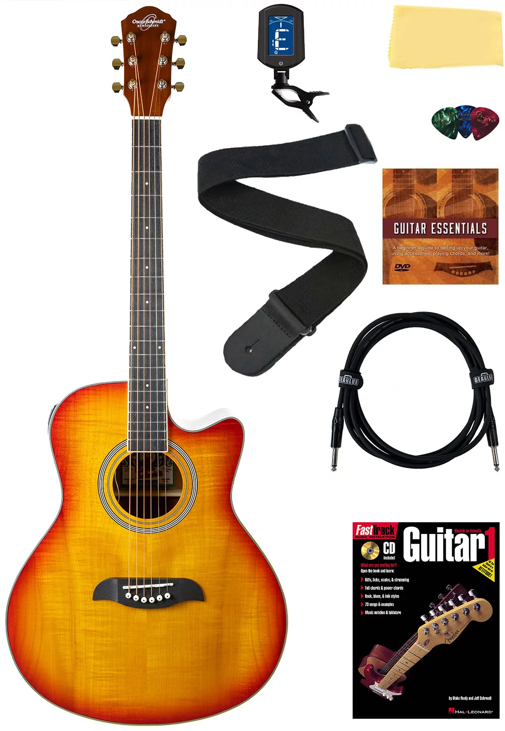Oscar Schmidt OA10CE Mini Auditorium Cutaway Acoustic-Electric Guitar - Spalted Maple Bundle with Cable, Tuner, Strap, Picks, Book, DVD, and Austin Bazaar Polishing Cloth - Curated Treasures Market