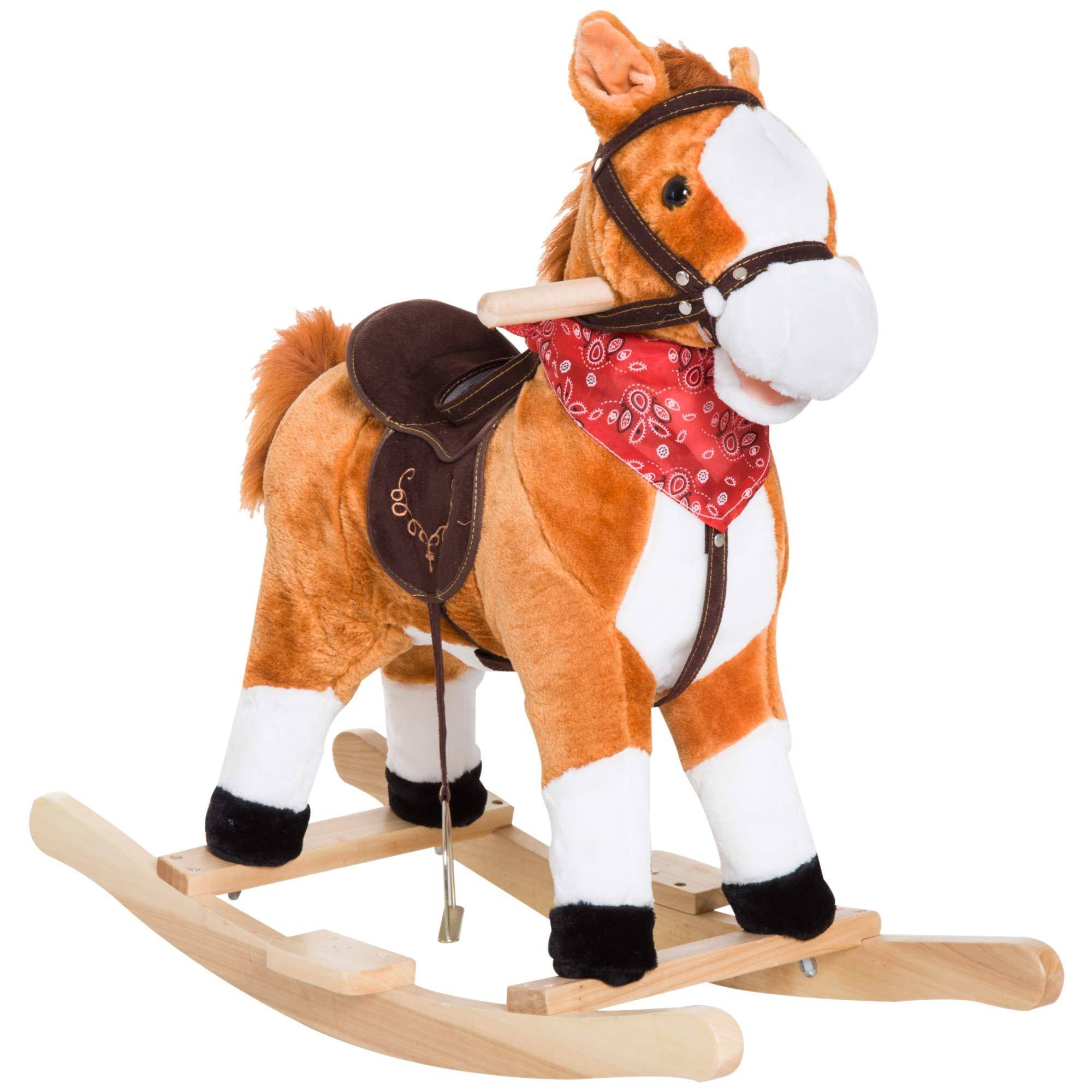 Qaba Kids Plush Toy Rocking Horse Ride on with Realistic Sounds u0026 Tail with Red Scarf