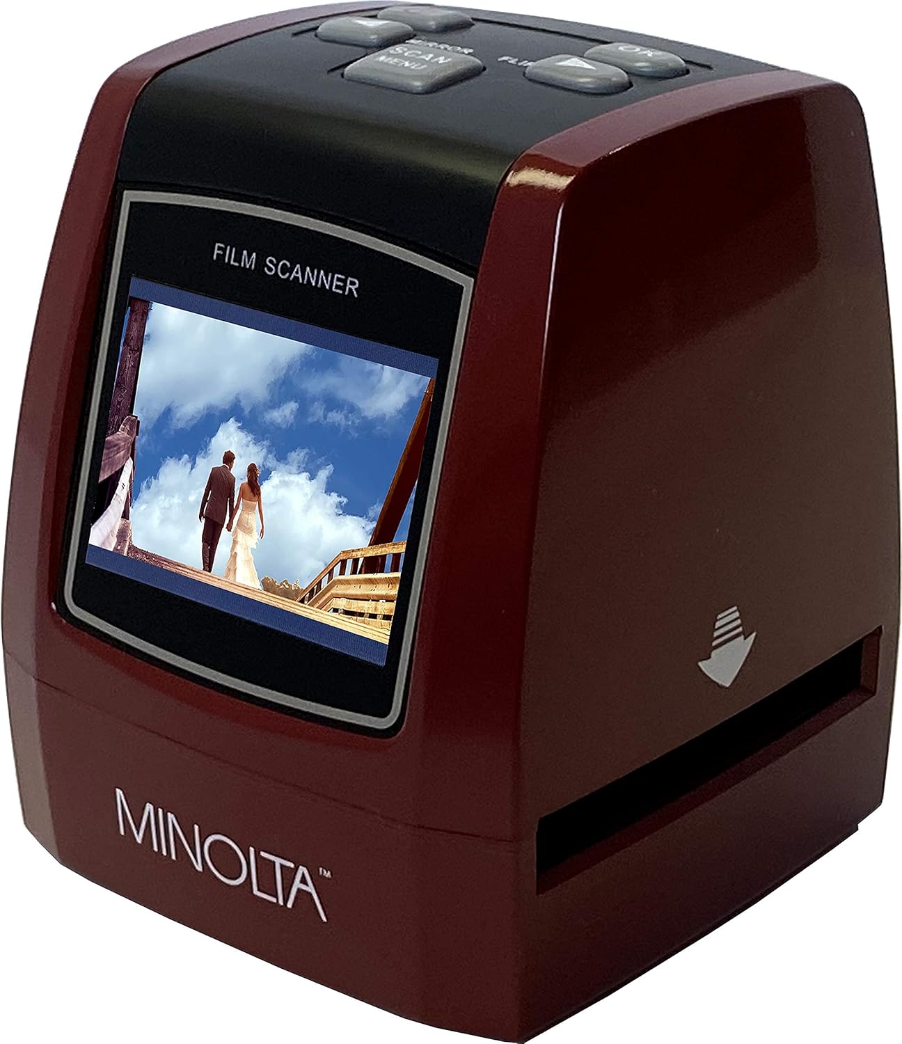 MINOLTA Film & Slide Scanner, Convert Color & B&W 35mm, 126, 110 Negative & Slides, Super 8 Films to 22MP JPEG Digital Photos, 16GB SD Card, Worldwide (Red)