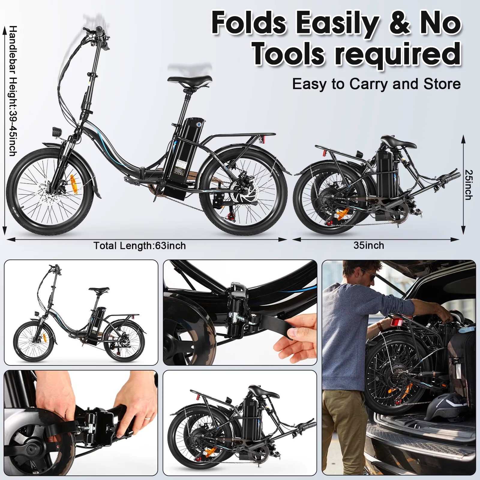 Elifine 500W Folding Electric Bike for Adults, 20" Foldable Ebike with 5 Riding Modes, 48V 7.8Ah Battery, 50 Miles Range Commuter City Electric Bicycle
