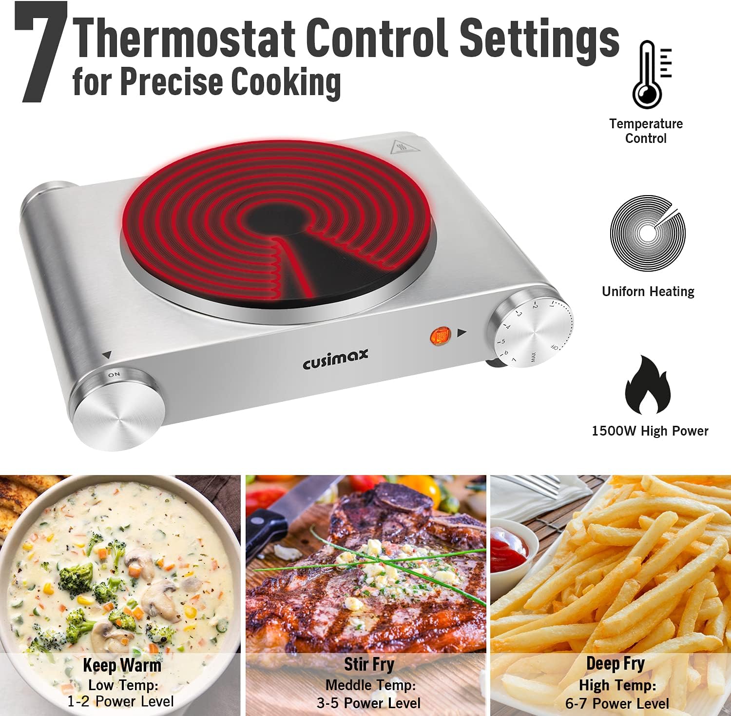 Cusimax Hot Plate Electric Burner Single Burner Cast Iron hot plates for cooking Portable Burner 1500W with Adjustable Temperature Control Stainless Steel Non-Slip Rubber Feet, Upgraded Version