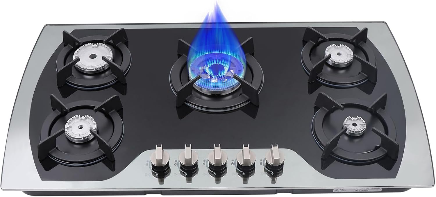 35.4 Inch Gas Cooktop with 5 Burners, Built-in Stove Top Stainless Steel, Tempered Glass Surface, LPG/NG Gas Stove for Countertop, Home Improvement Essentials