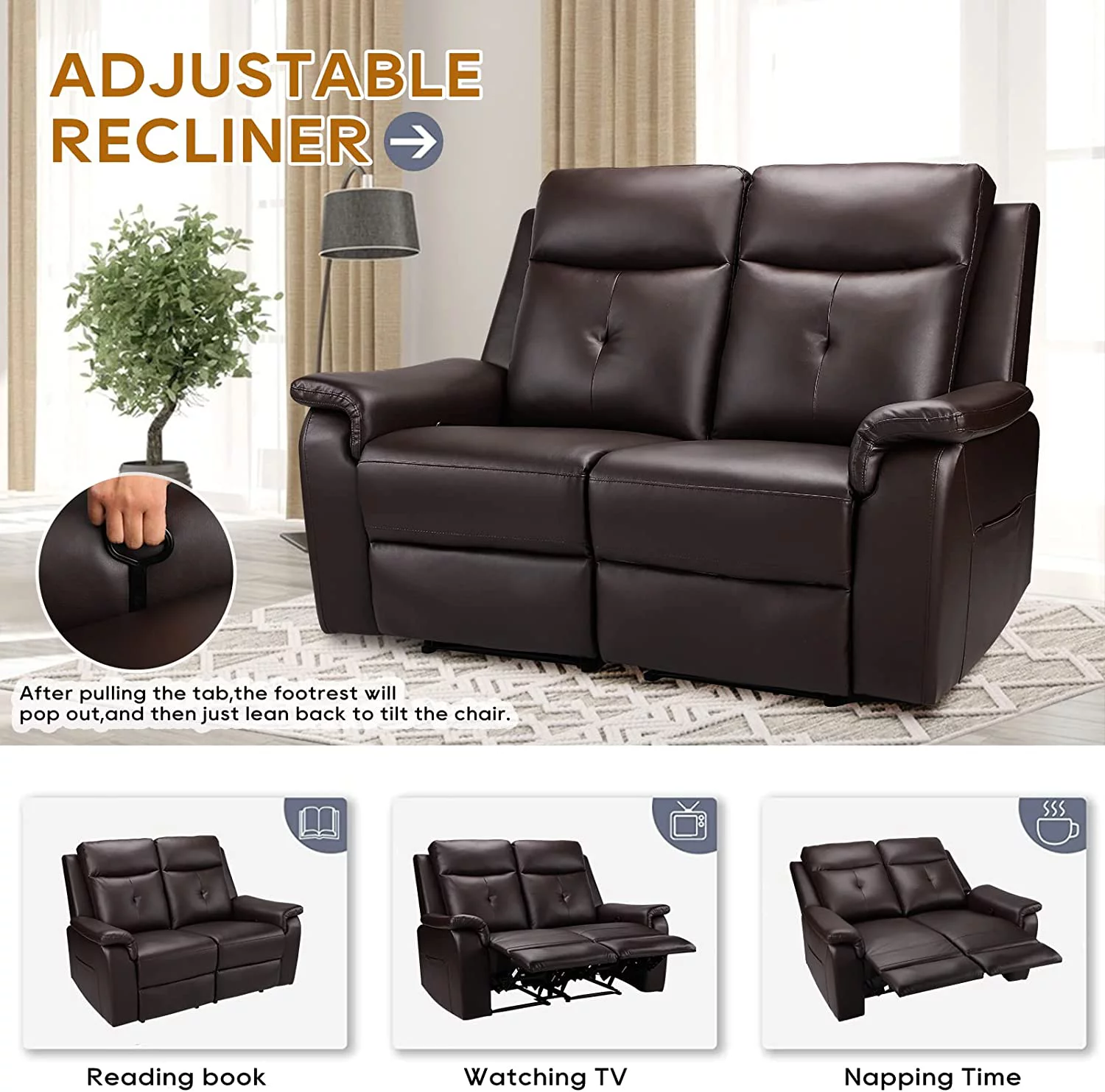 PU Leather Reclining Sofa - Manual Double Recliner Loveseat with Massage & Heating - 2-Seater Home Theater Seating for Living Room, Reading Room, Bedroom (Brown)