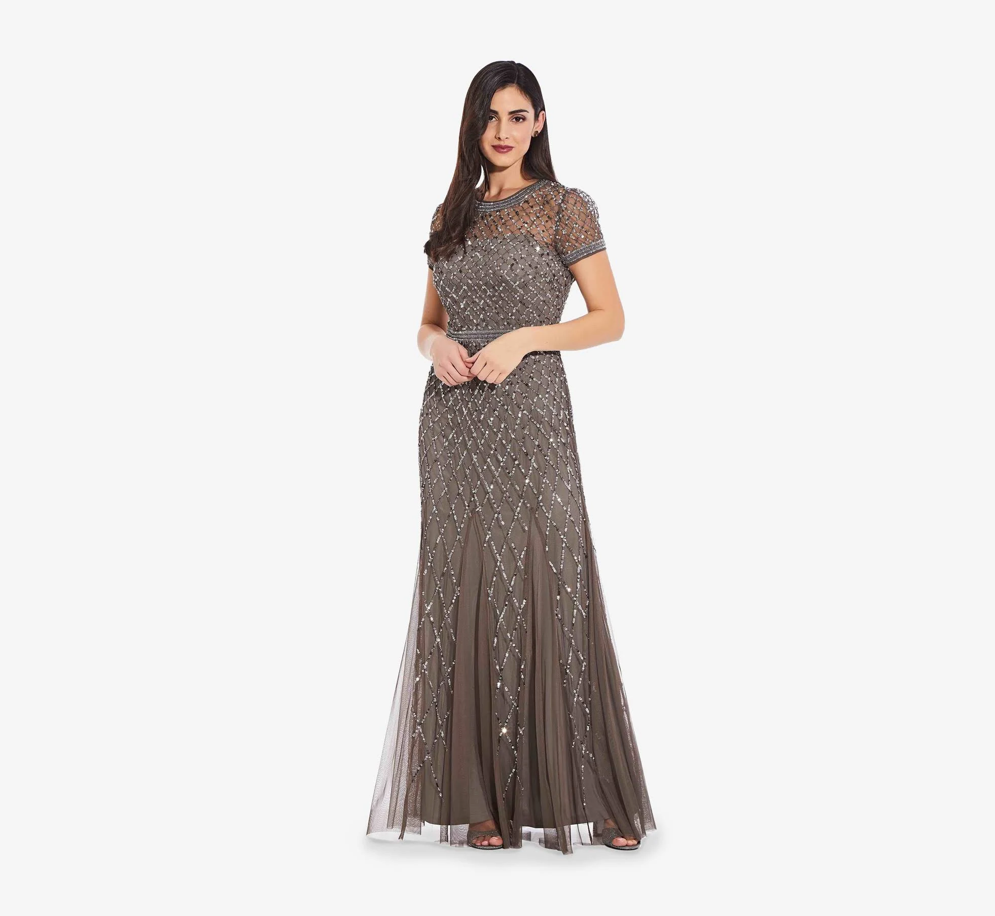 Adrianna Papell Cap Sleeve Beaded Gown 16 Lead