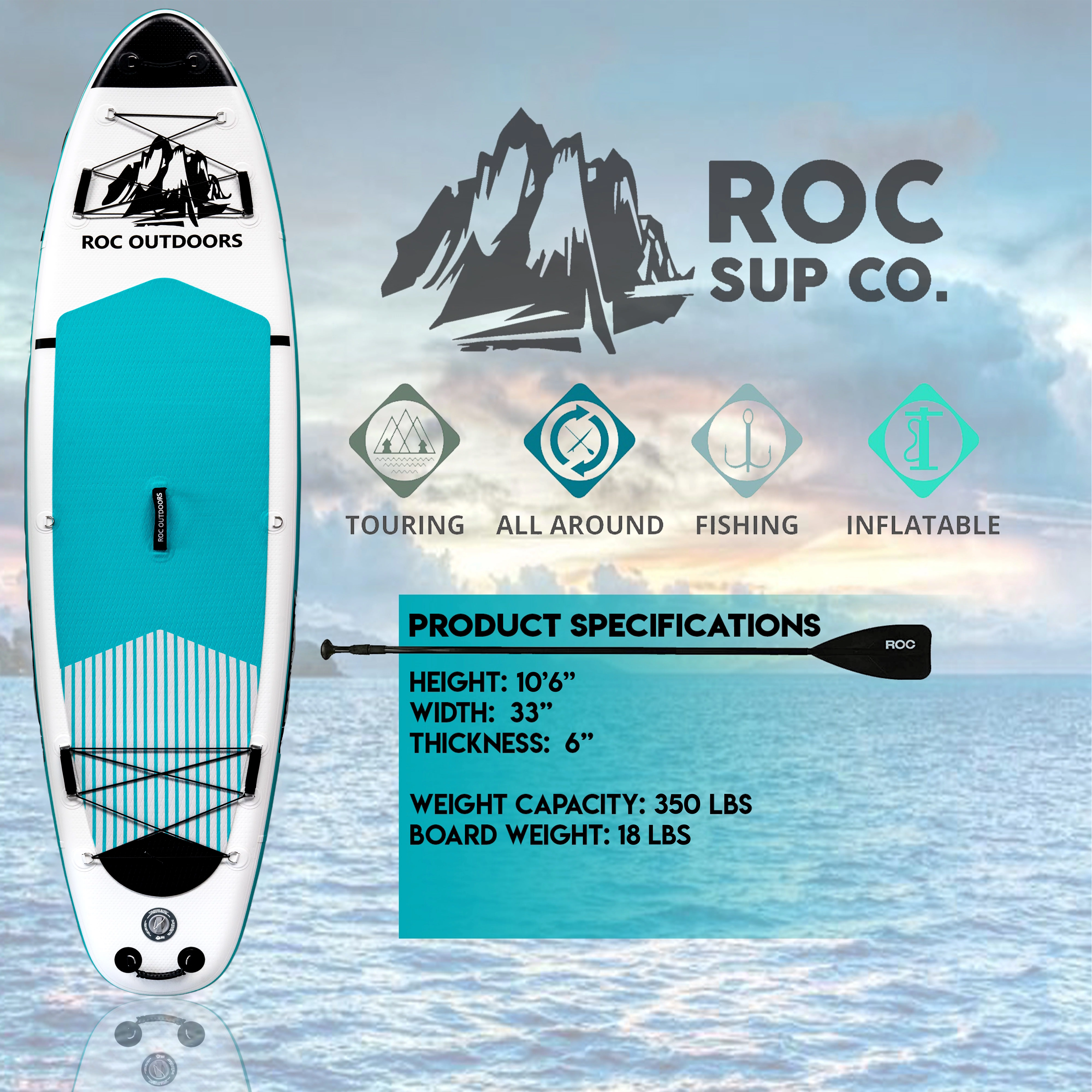 Roc Inflatable Stand Up Paddle Board with Premium sup Accessories & Backpack, Non-Slip Deck, Waterproof Bag, Leash, Paddle and Hand Pump