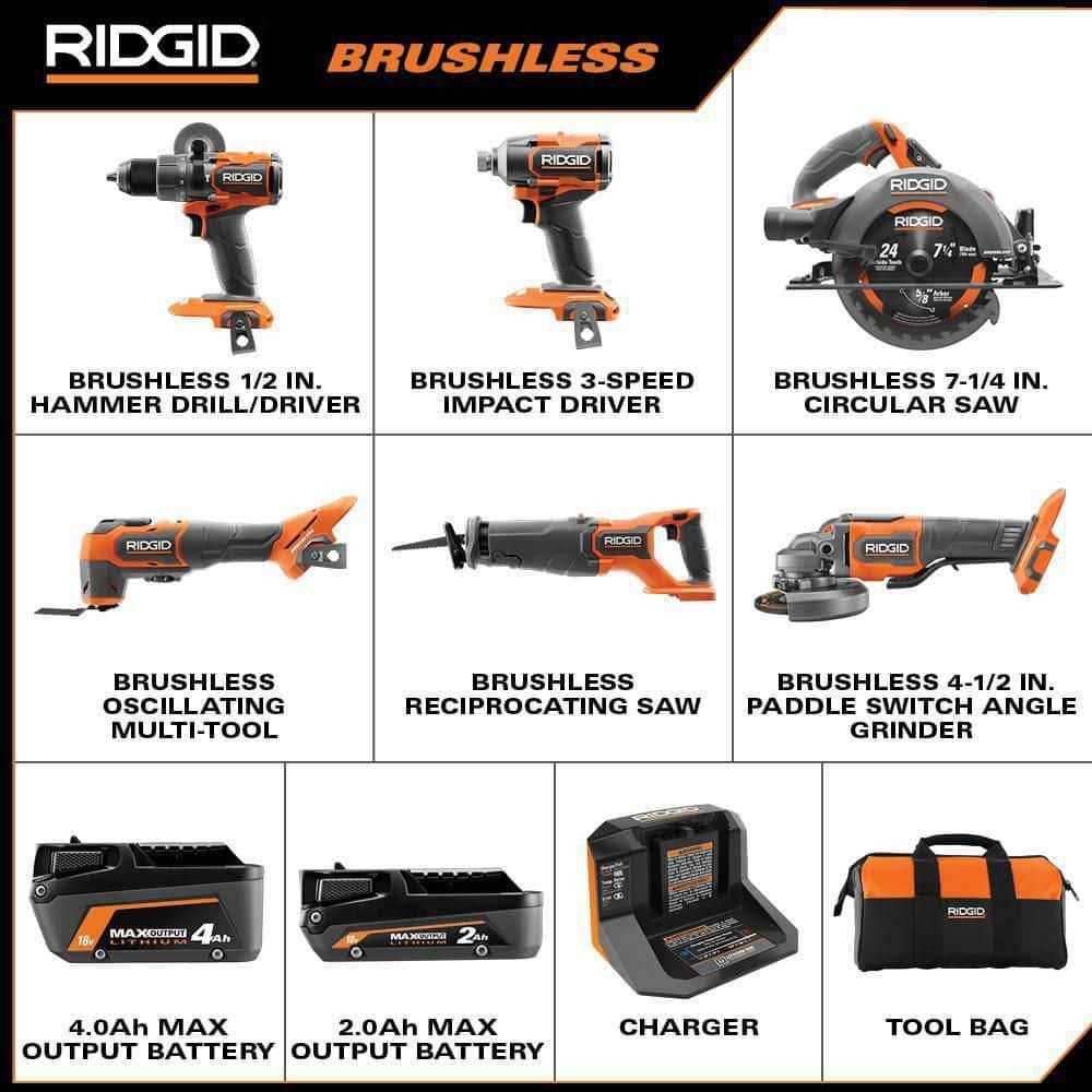 RIDGID 18V Brushless Cordless 6-Tool Combo Kit with 4.0 Ah and 2.0 Ah MAX Output Batteries and Charger - Shop Hardware Tools Online Store
