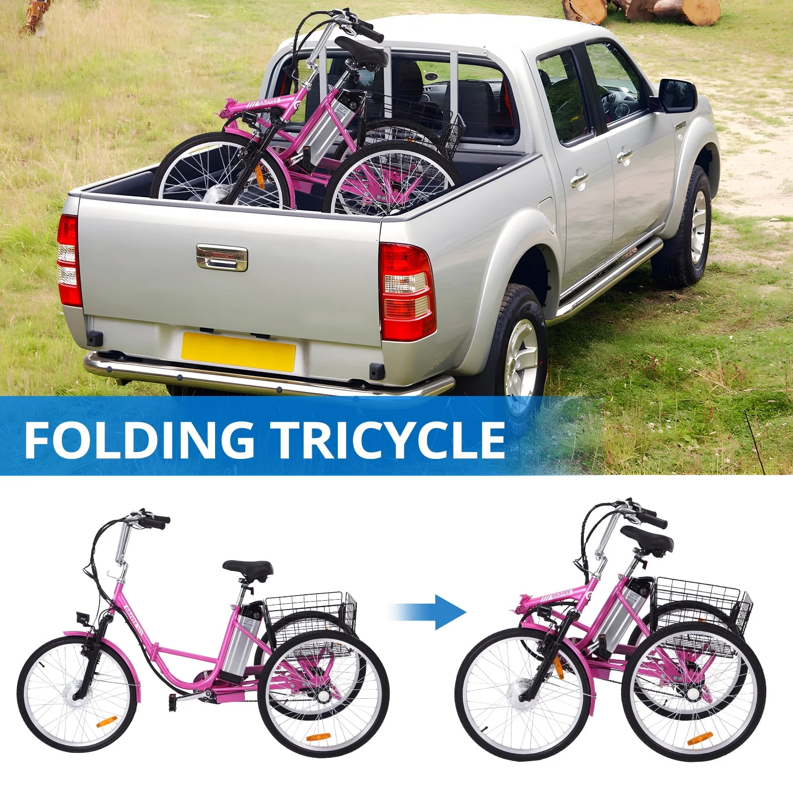 Soonbuy 24 Electric Tricycle, 7 Speeds/36V 10Ah/Large Basket, up to 330lbs , Rose Red