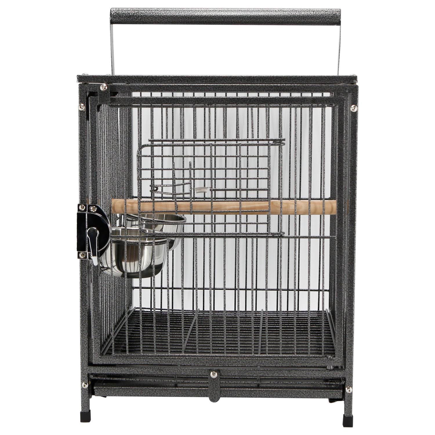 PawHut 22x22 Heavy Duty Wrought Iron Travel Bird Cage Carrier with Handle Perch and Accessories - Black