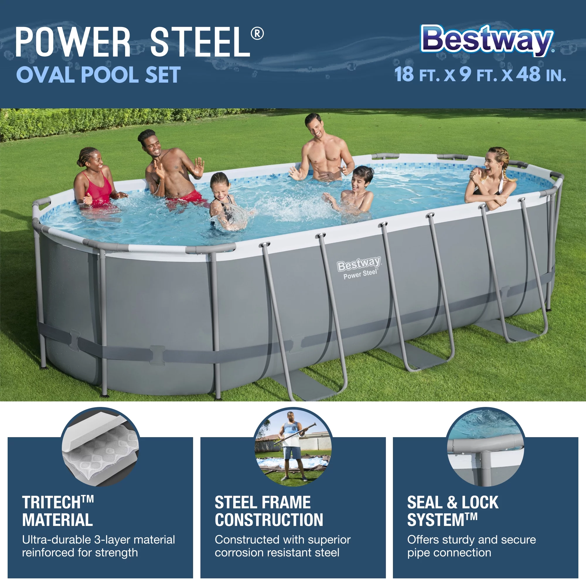 Bestway Power Steel 18' x 9' x 48 Oval Above Ground Outdoor Pool Set