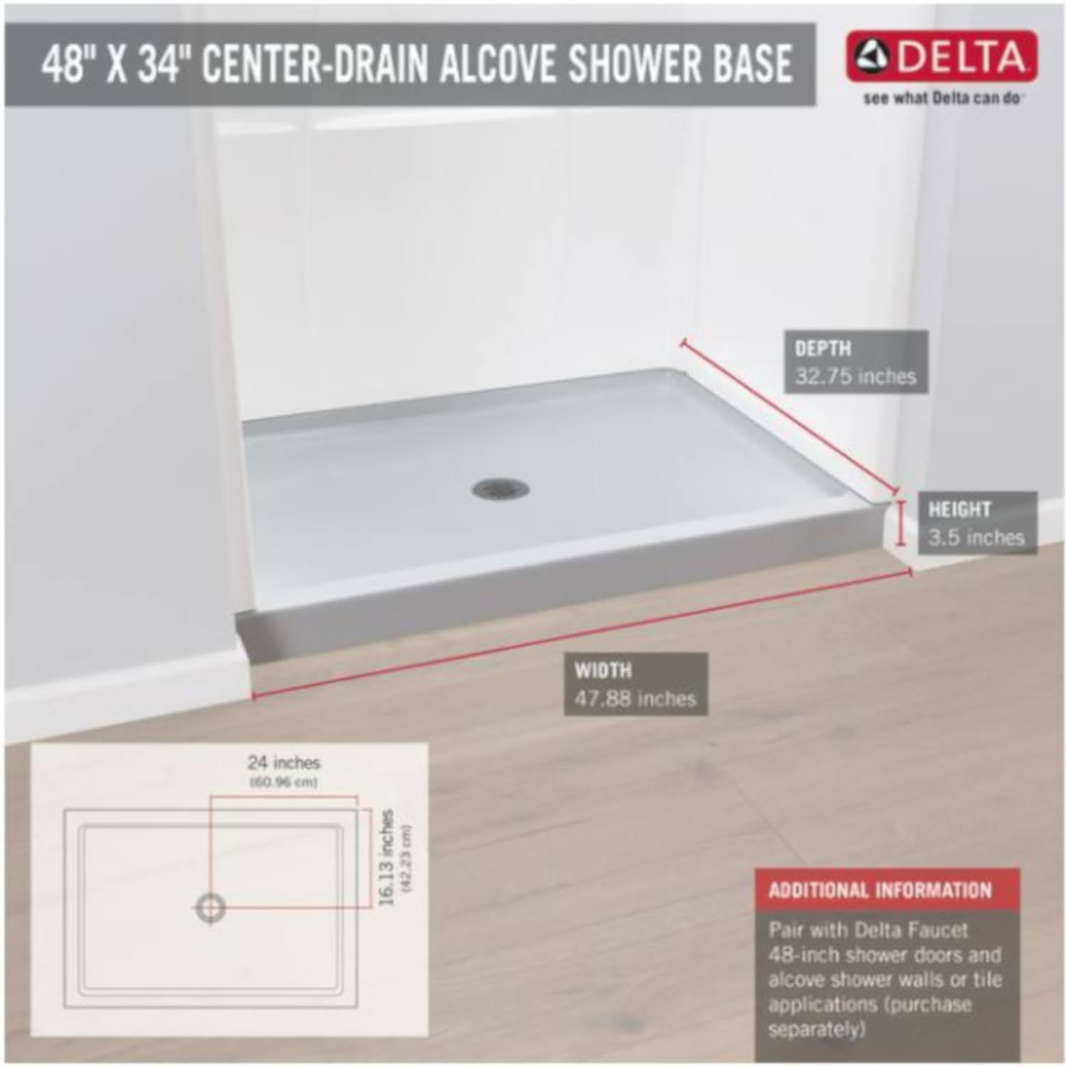 Delta Classic 400 Shower Floor u0026 Base 48 in. L x 34 in. D, White