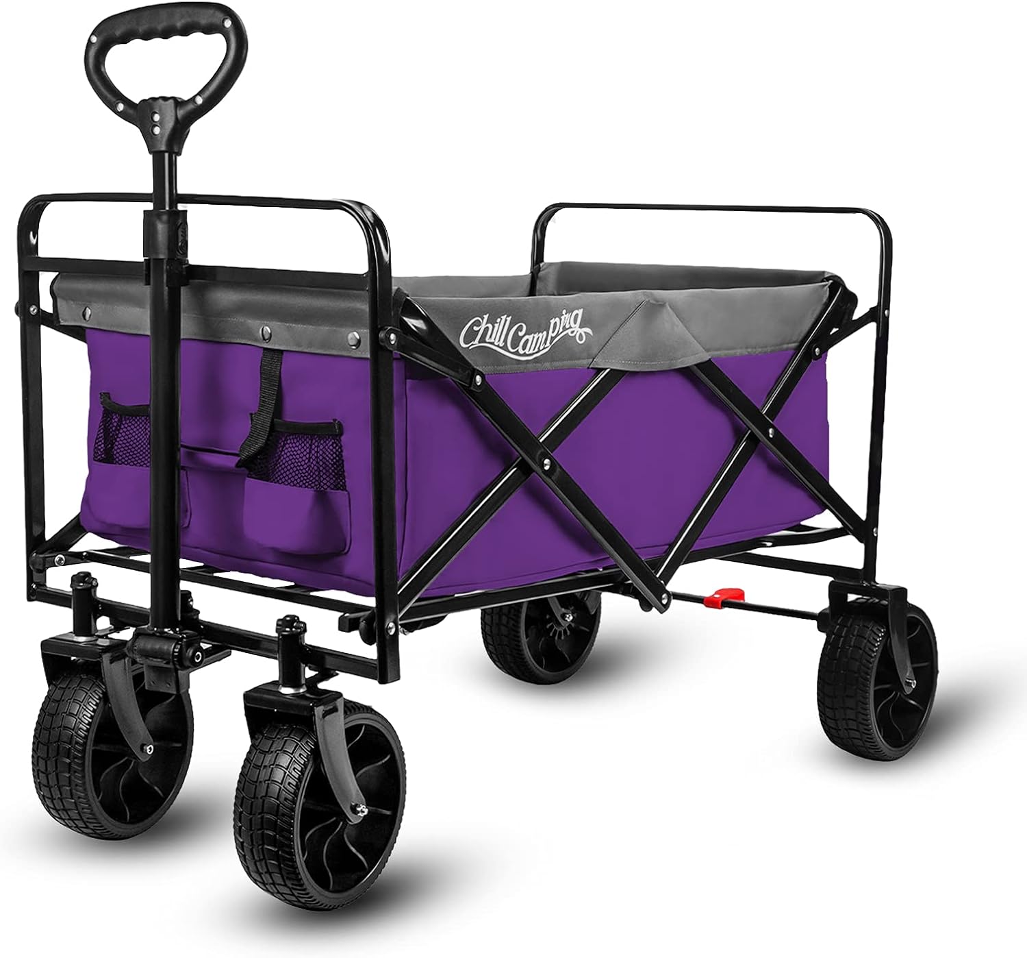 Beach Wagon Cart, Collapsible Folding Wagon with Big Rubber Wheels, Adjustable Handles and Brake, Heavy Duty Utility Wagon All Terrain Outdoor Camping Garden Grocery Wagon, Purple