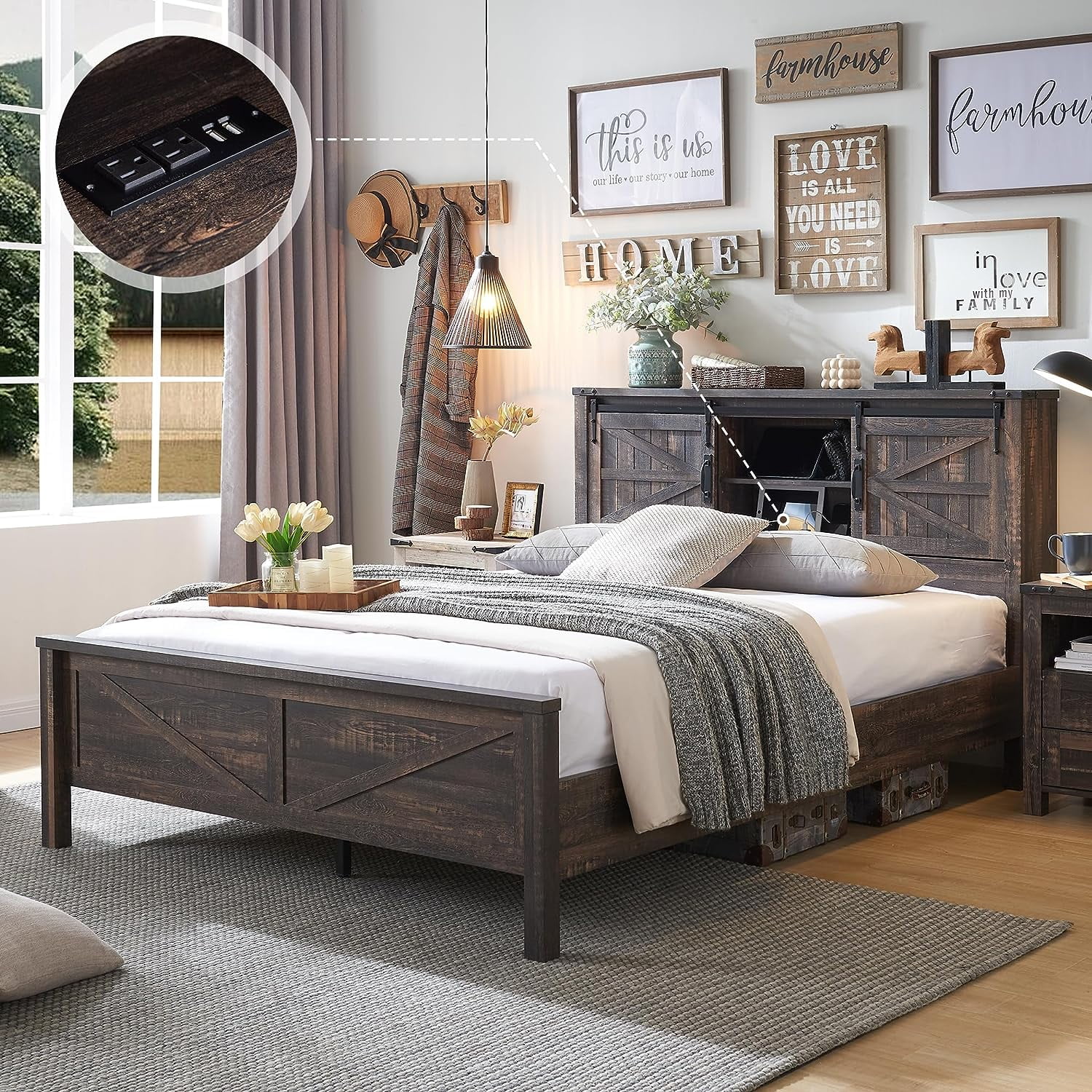 OKD Modern Farmhouse Full Platform Bed with Bookcase Headboard Storage and Charging Station, No Box Spring Needed, Anitique White Finish