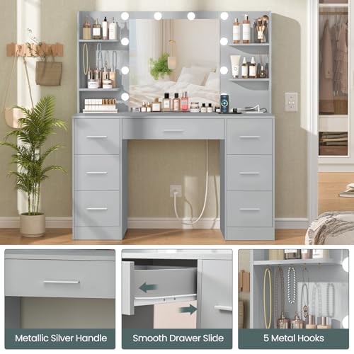 Quimoo Large Vanity Desk with LED Lighted Mirror & Power Outlet,Makeup Vanity Table with 7 Drawers,4 Shelves and 5 Hooks,Vanity Table, Vanity Desk Set for Bedroom,Bathroom,White
