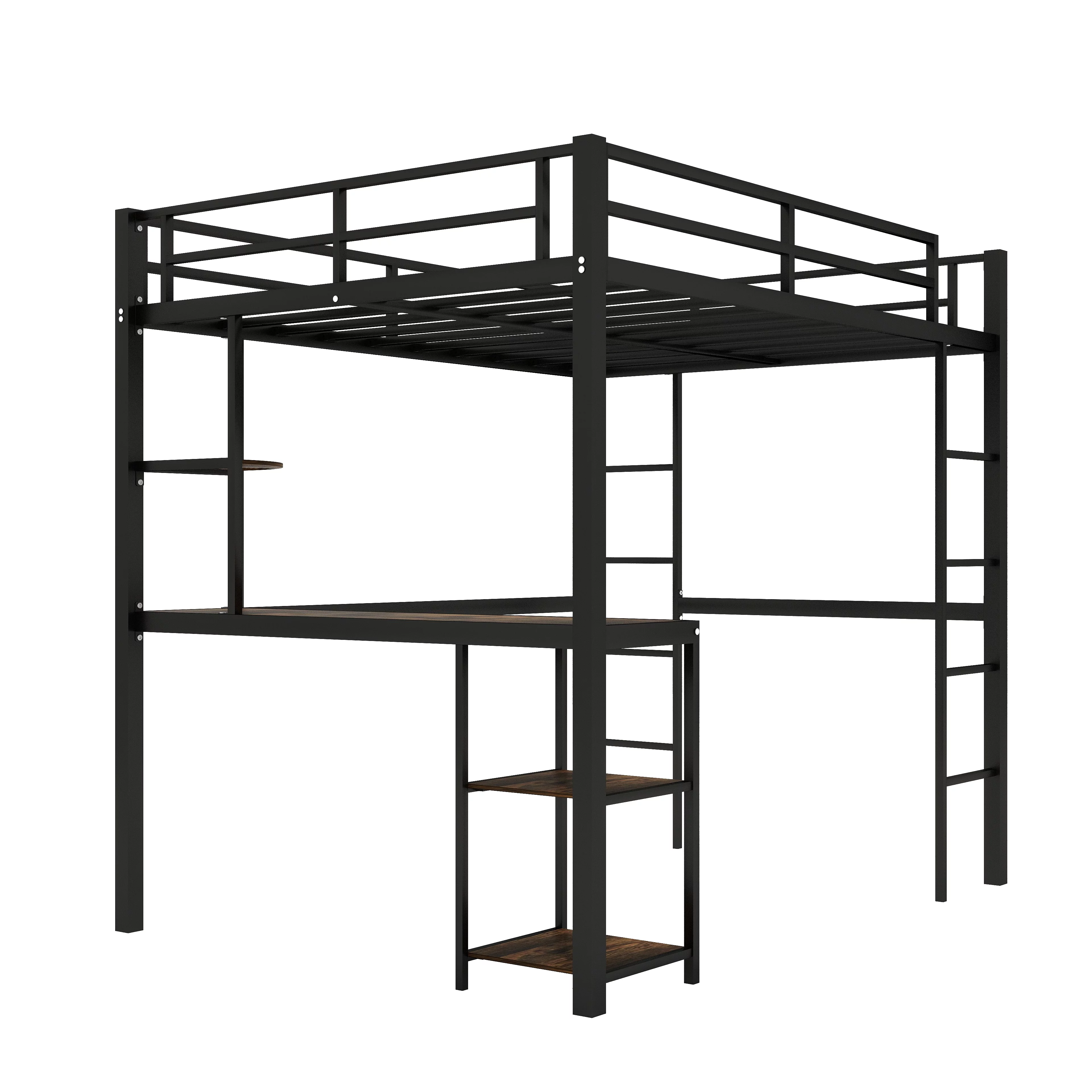 Bellemave Full Size Loft Bed with Desk and Shelves, Metal Heavy-Duty Steel Loft Bed Frame Built-in Ladder for Boy Girls Teens Kids Adults(Black）