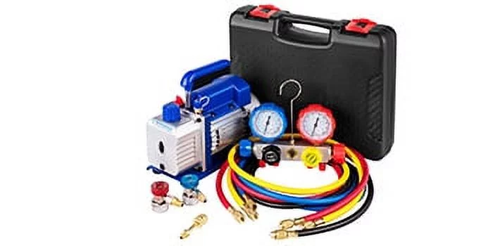 VEVOR Vacuum Pump 4.8CFM 1/4 HP Single Stage HVAC A/C Refrigeration Kit 5PA Ultimate Vacuum Manifold Gauge Set R410A R134A R22 HVAC AC, 4-Way Manifold Gauge and Hose for Air Conditioning Systems