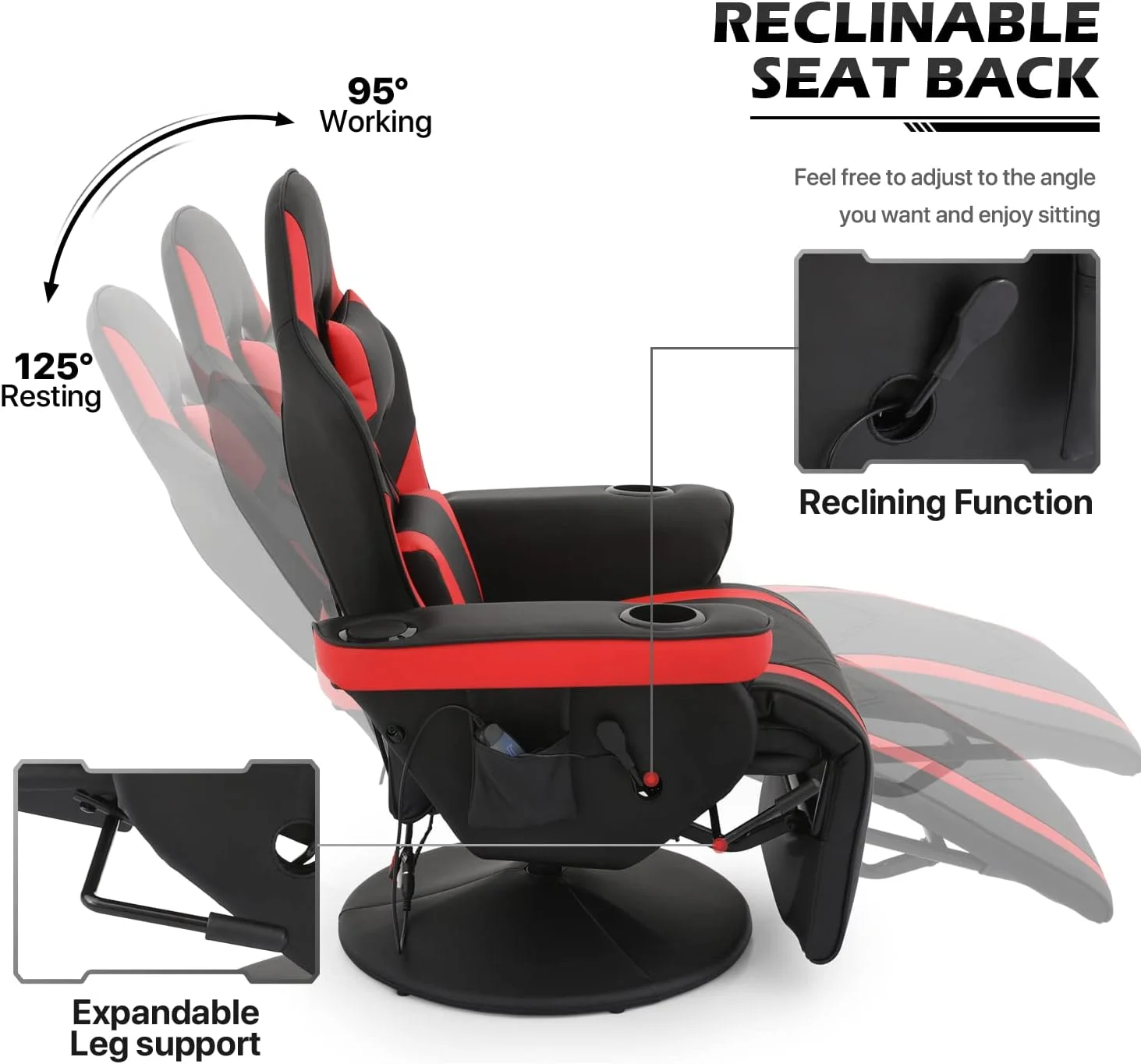 Gaming Recliner Chair PU Leather Lounging Video Gaming Couch Adjustable Backrest Living Room Single Sofa With 2 Speakers & Side-Organizer Bag, Bedroom Movie Theater Chair RV Recliner, Red