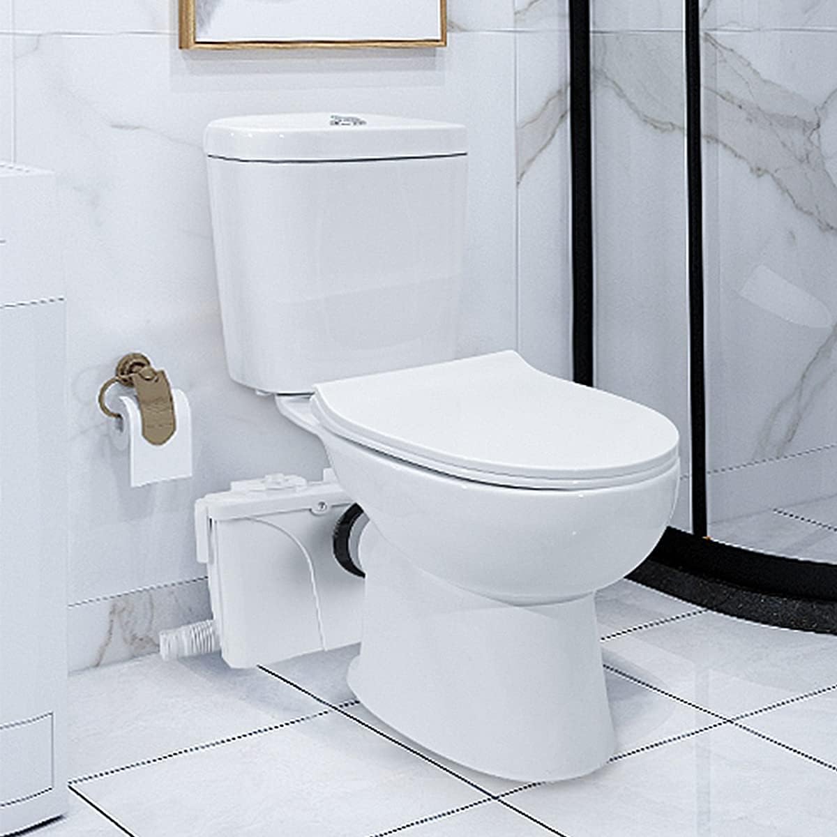 Upflush Toilet with 850 watt Macerating Pump, Two Piece Toilet for Basement, Dual Flush Elongated Toilet, 4 Water Inlets for Kitchen Sink Shower, AC Vents, Automatic Disposal Pump, 36ft Vertically