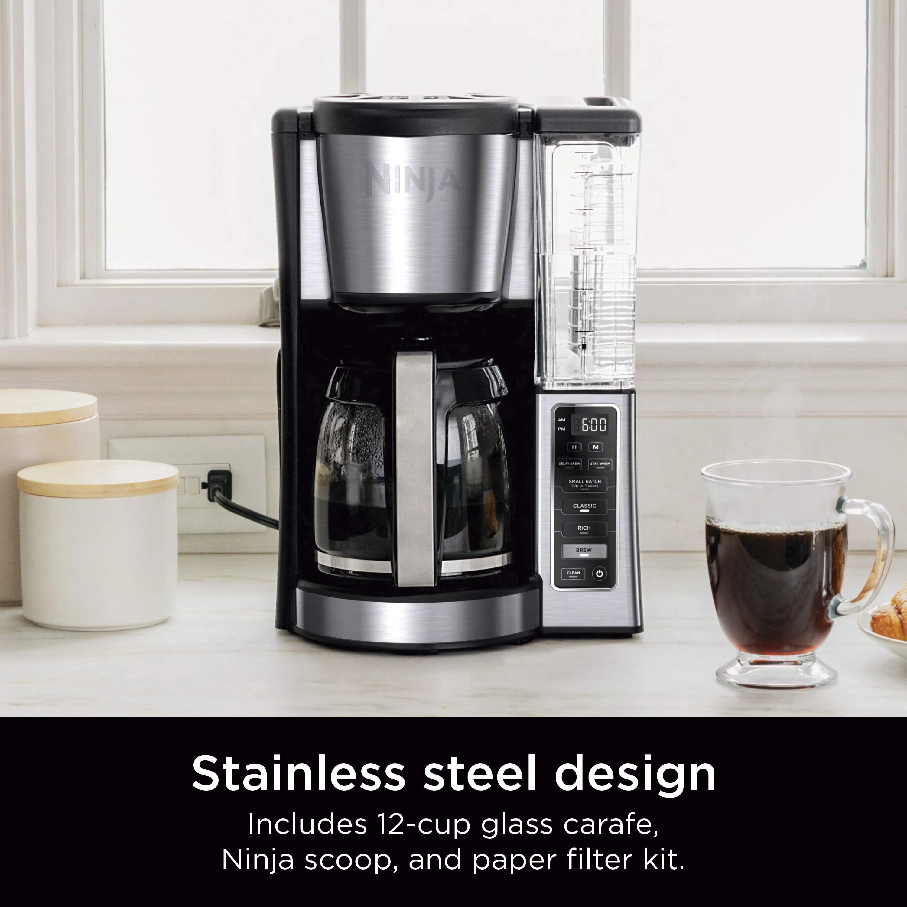 Ninja® 12-Cup Programmable Coffee Maker, Glass Carafe, Stainless Steel, CE250