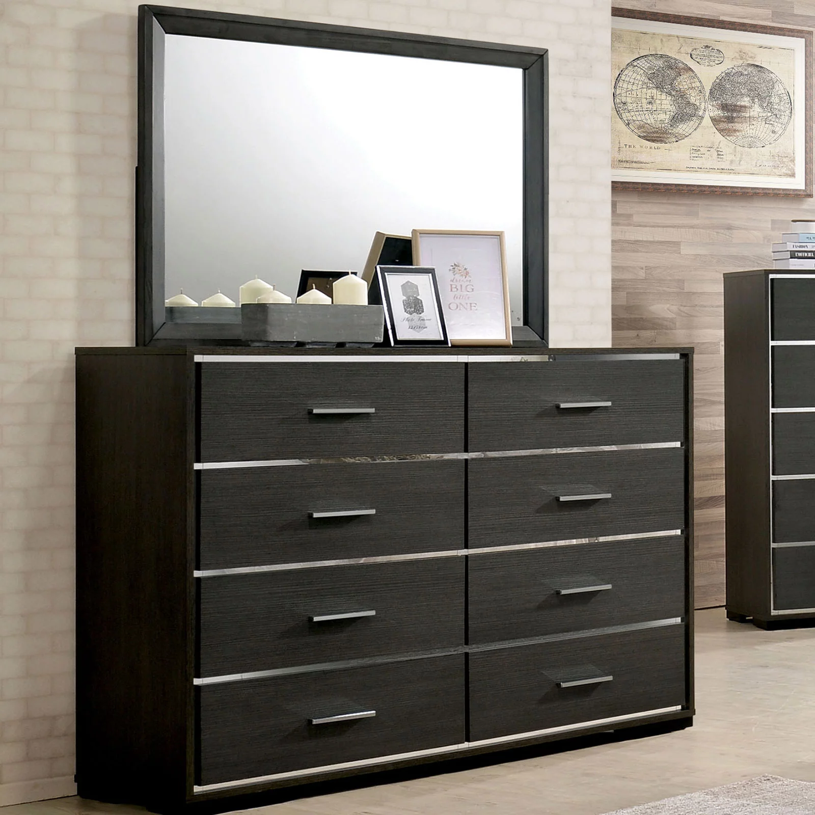 Contemporary 6pc Bedroom Set Est King Size Bed Dresser Chest Mirror Nightstands w USB Shelf LED Headboard Home Relax Furniture