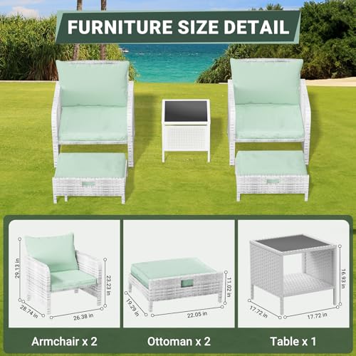 LEVELEVE Balcony Furniture 5 Piece Patio Conversation Set, PE Wicker Rattan Outdoor Lounge Chairs with Soft Cushions 2 Ottoman&Glass Table for Porch, Lawn-Brown Wicker