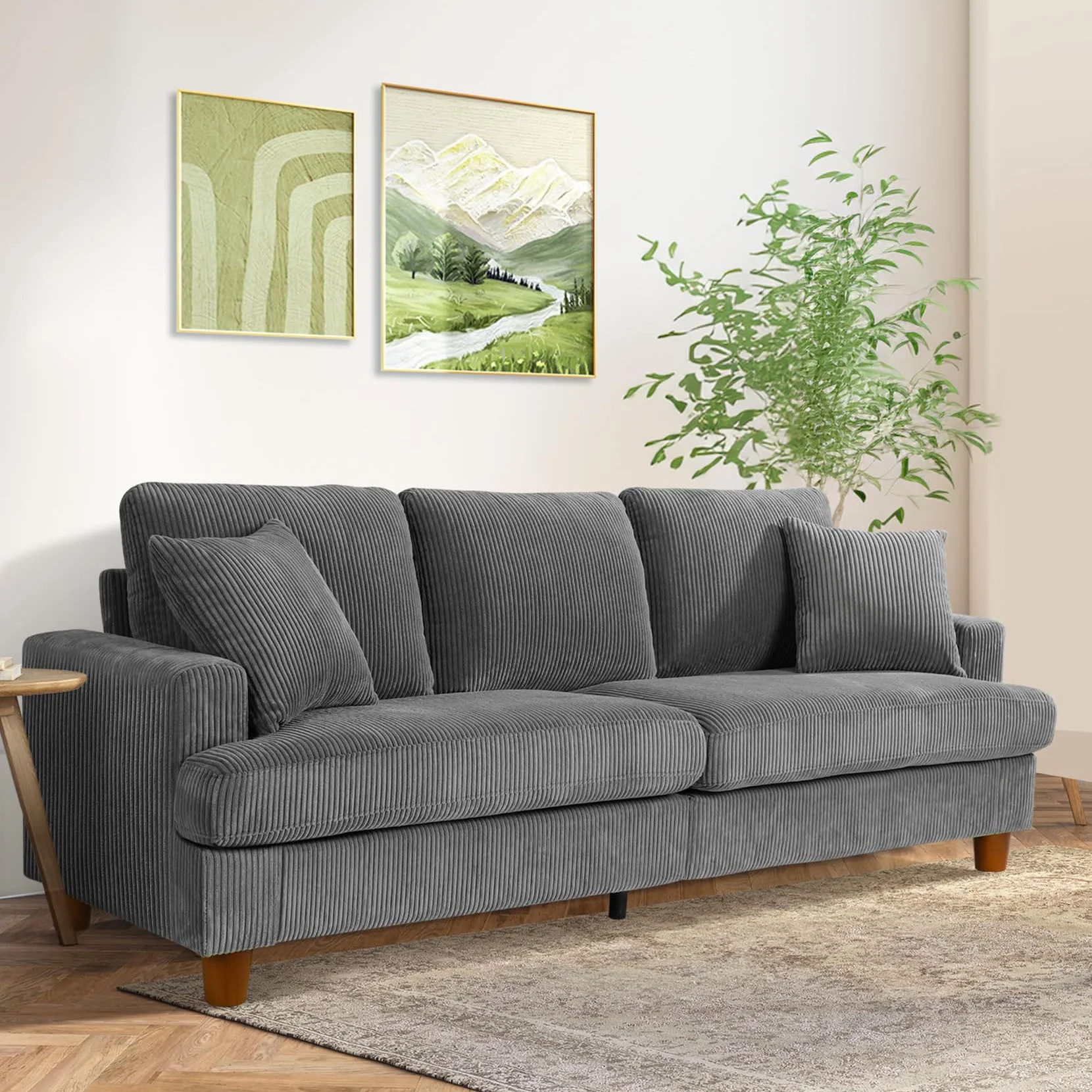 87" Corduroy Sofa,3 Seater Sofa Extra Deep Seats,Comfy Upholstered Couch for living Room,2 Pillows,Gray